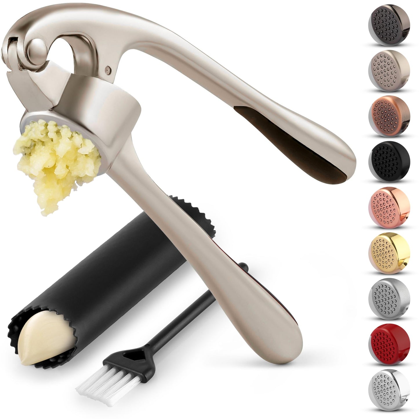 Zulay Kitchen Premium Garlic Press Set - Rust Proof Professional Garlic Mincer Tool - Easy-Squeeze, Easy-Clean with Soft, Ergonomic Handle - Silicone Garlic Peeler & Brush (Silver)