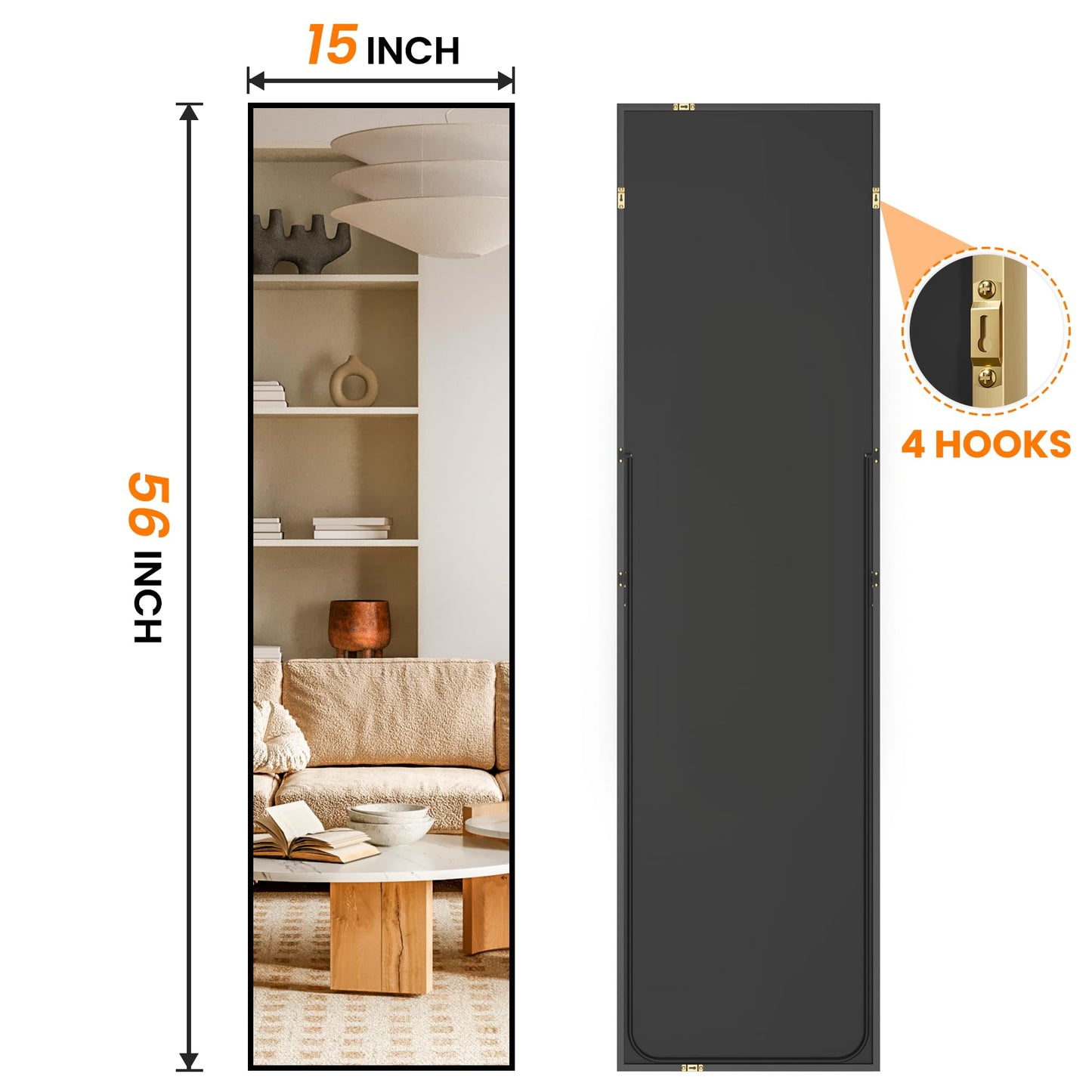 TRAHOME Full Length Floor Mirror 56"x15", Standing Mirror with Aluminum Frame, Large Body Mirror for Bedroom, Living Room and Bathroom, Black