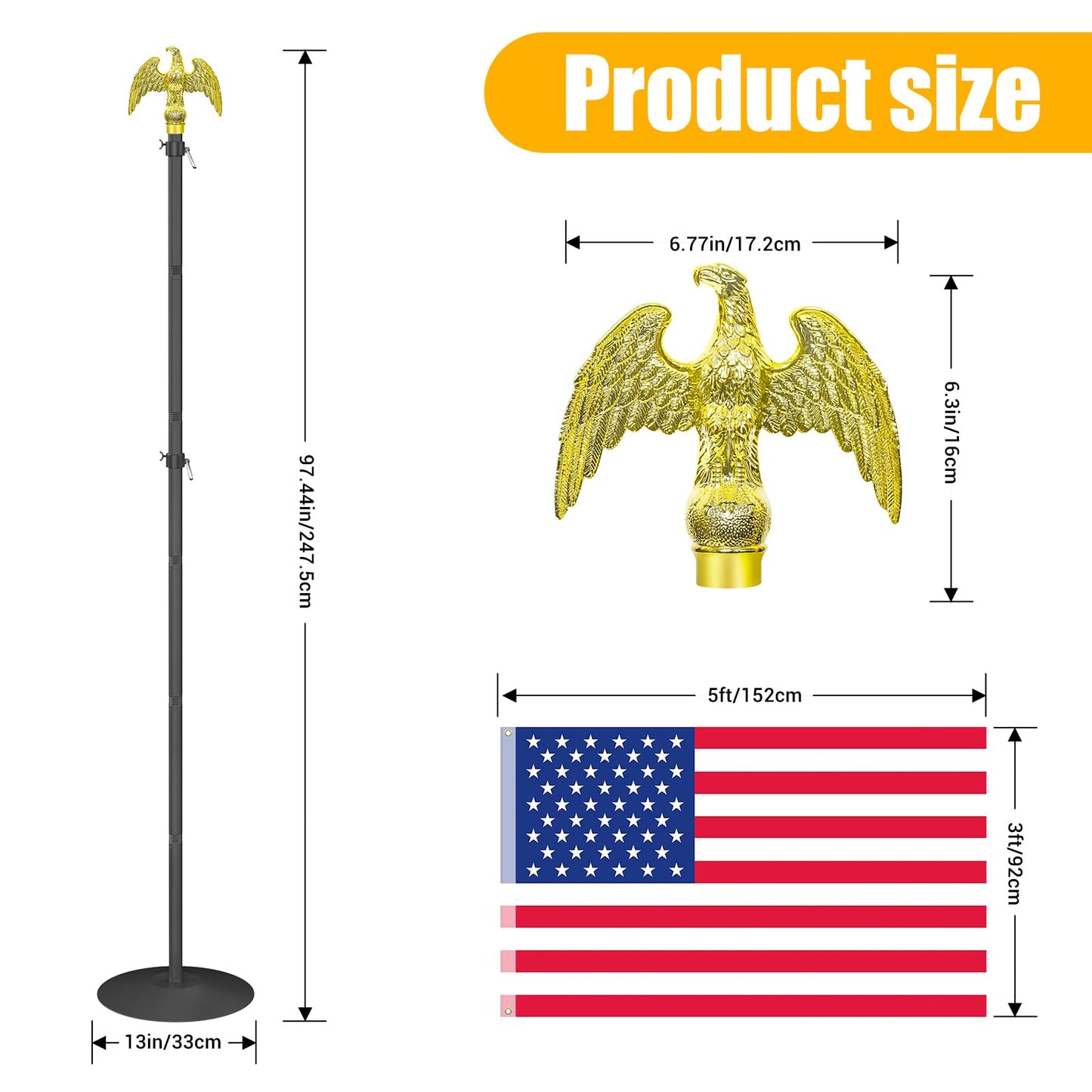 Wphold Indoor Flag Pole and Stand with 3x5 Ft American Flag & Golden Eagle Topper – 8FT Heavy Duty Flagpole Kit with Tangle-Free Rotatable Hooks & Stable Round Base for Office, Classroom, Home Decor