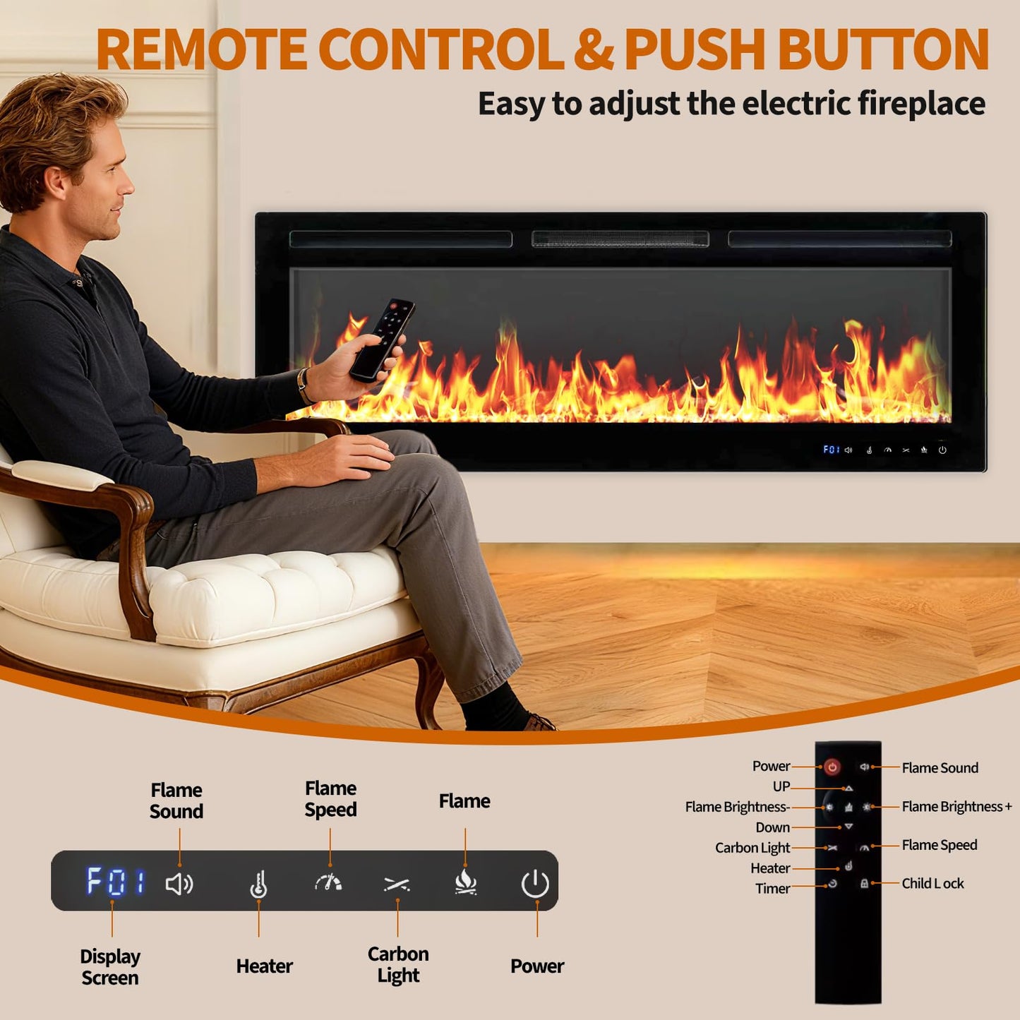 50" Smart Electric Fireplace Wall Mount, 1500w Heater with Remote Control & Timer, 12 Color LED Flame Effect, Touch Screen, for Living Room Bedroom Indoor Use