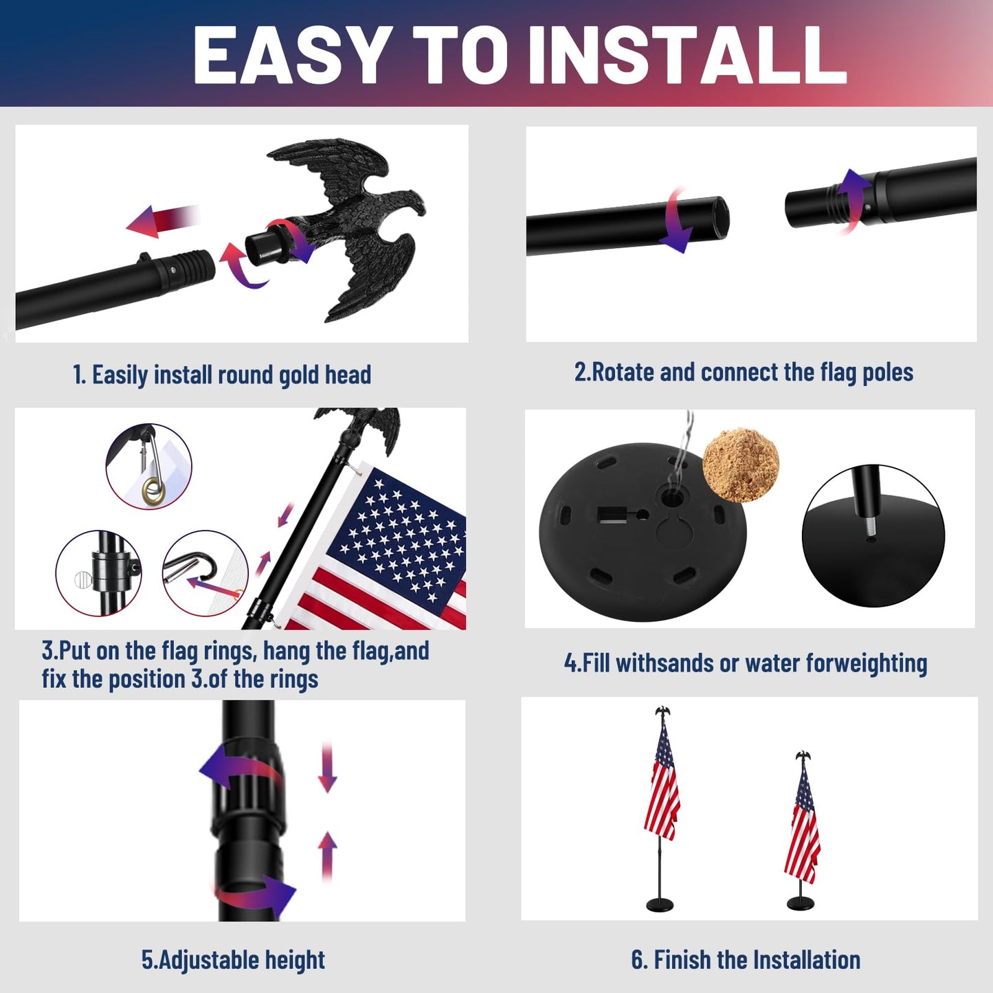 Indoor Flag Pole Kit with Base 6FT-8FT,Aluminum Commercial Indoor Flagpole & 360° Rotating Anti Wrap Ring,Adjustable Heavy Duty Flag Pole Kit for Office School with Black Eagle Topper (1Pack)