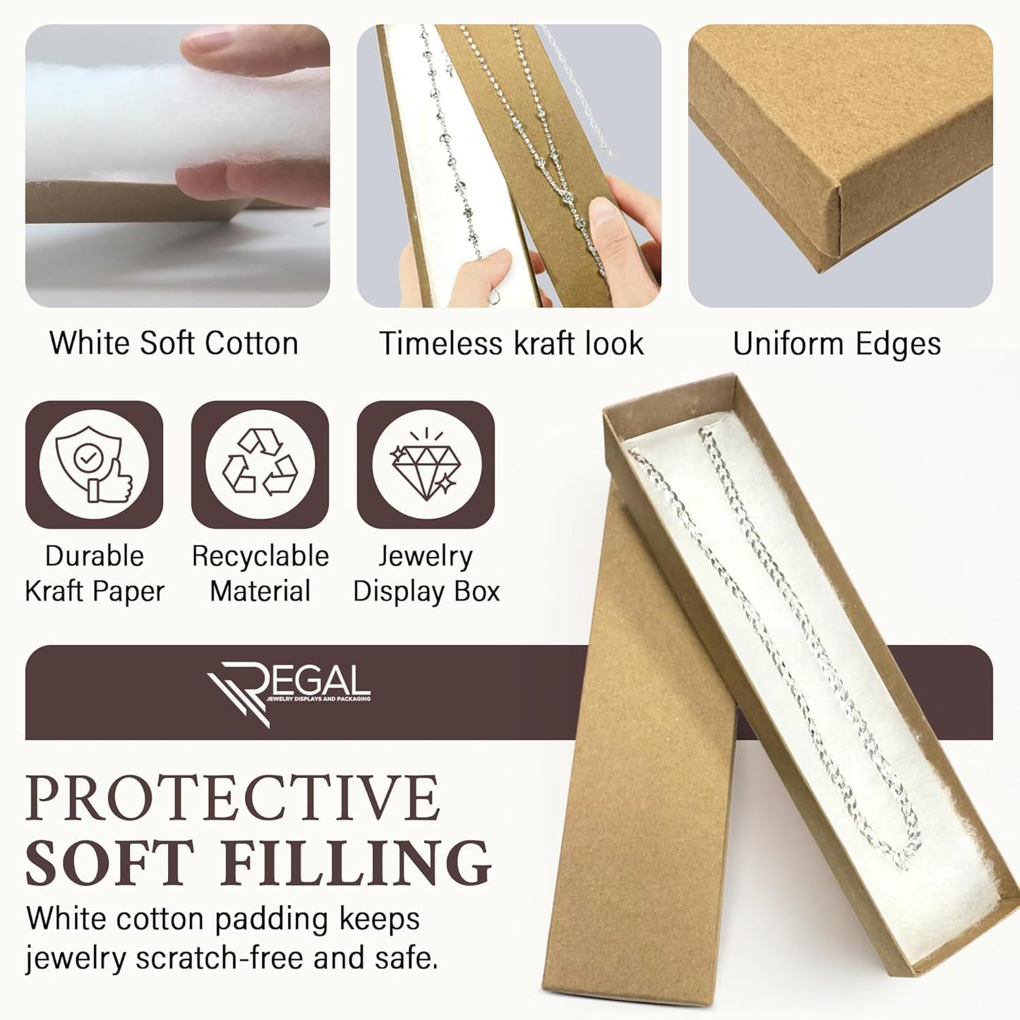 RJ Displays 6 Pack Cotton Brown Kraft Color paper Cardboard Jewelry Boxes for Bracelets, Necklace boxes, Watch & Small Gifts box, Jewelry Gift Boxes Size 8" x 2" x 1" Inch -(Brown Kraft)