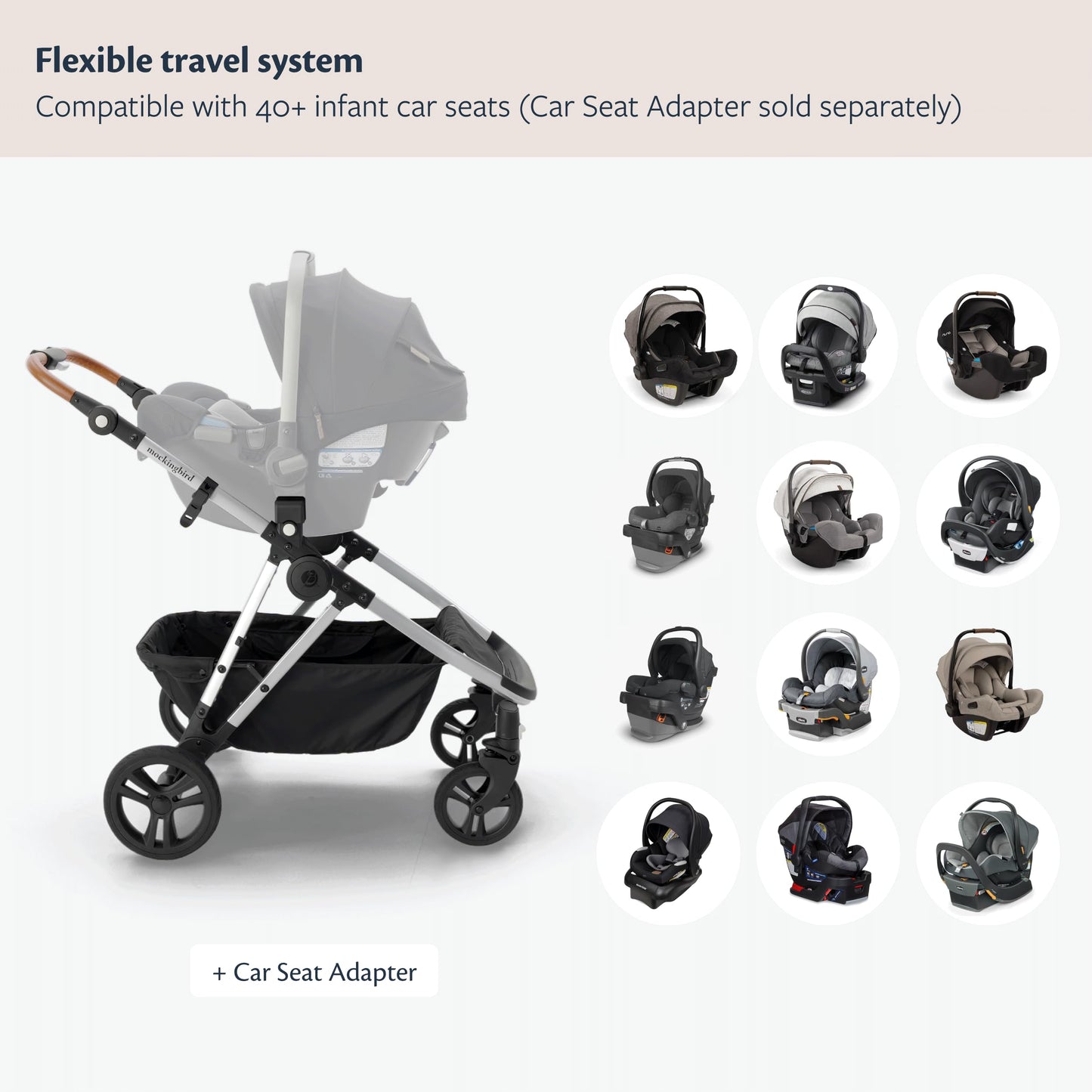 Mockingbird Single-to-Double Stroller 3.0 - Convertible Full Size Baby Stroller for 1, 2, or 3 Kids with 44 Possible configurations, Travel System Compatible - Oat