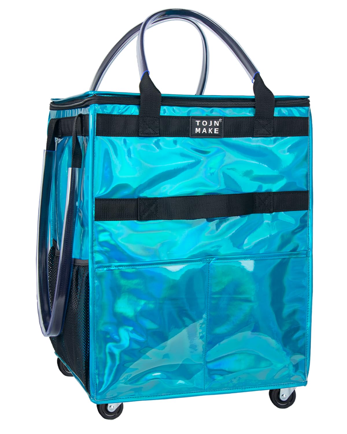 Reusable Grocery Bag On Wheels, Shopping Trolley, Rolling Tote with 8 Pockets and Zipper Cover, Foldable, Heavy Duty Handles, Carries Up to 46 LBS (Medium, Glitter Blue)