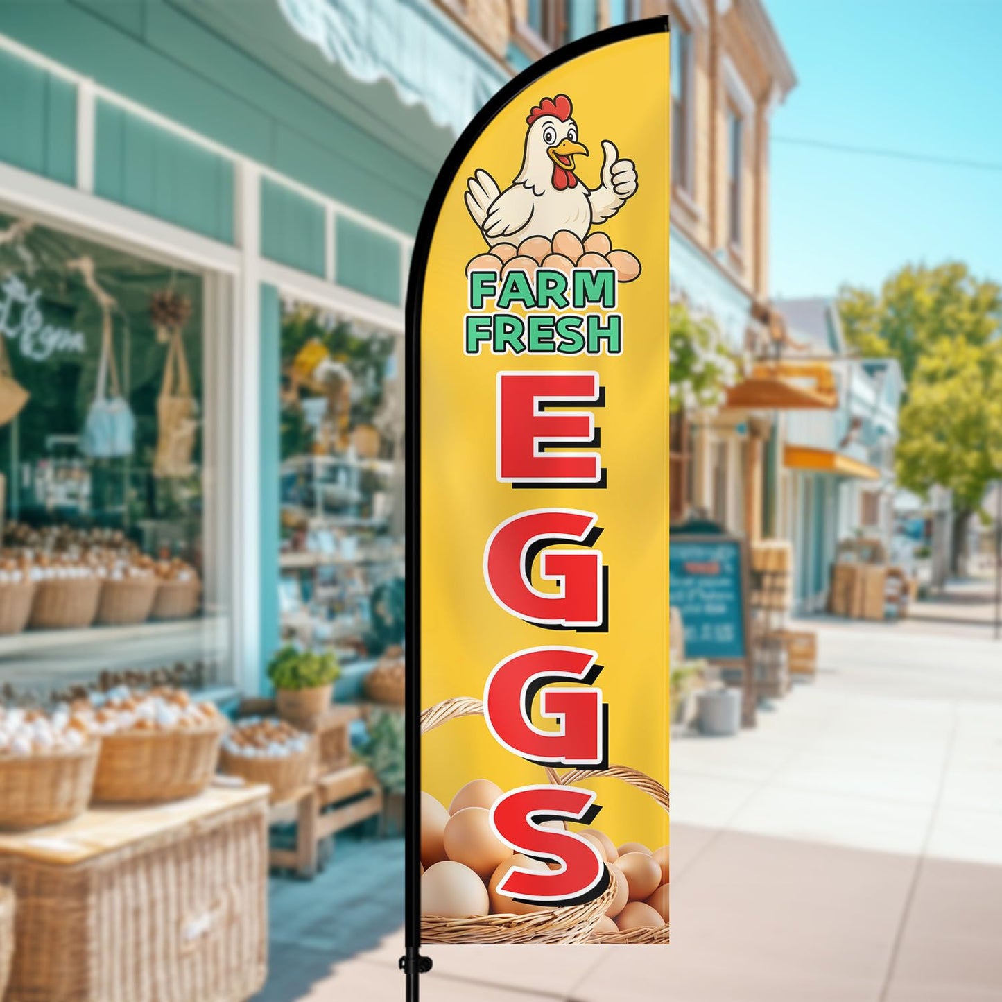 WOANIXY Farm Fresh Eggs Feather Flag With Pole Kit, Double Sided 8FT Durable Polyester Outdoor Advertising Flag, Roadside Sign For Egg Sales, Farm Stand, Farmers Market & Backyard Chicken