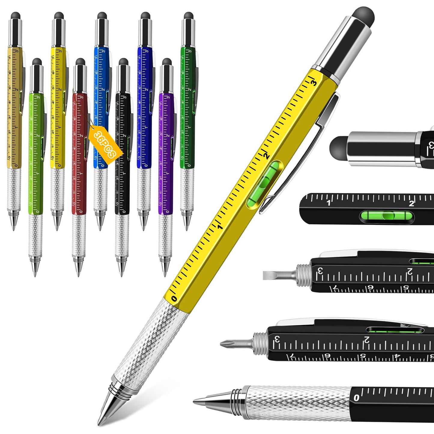 NICEMOVIC Fathers Day Dad Bulk Gifts for Men Multitool Tool Pen Gift 36 Pcs 6-in-1 Party Favor Father's Christmas White Elephant Gifts for Adults Level Gauge Ballpoint Pen Stylus Pen Screwdriver