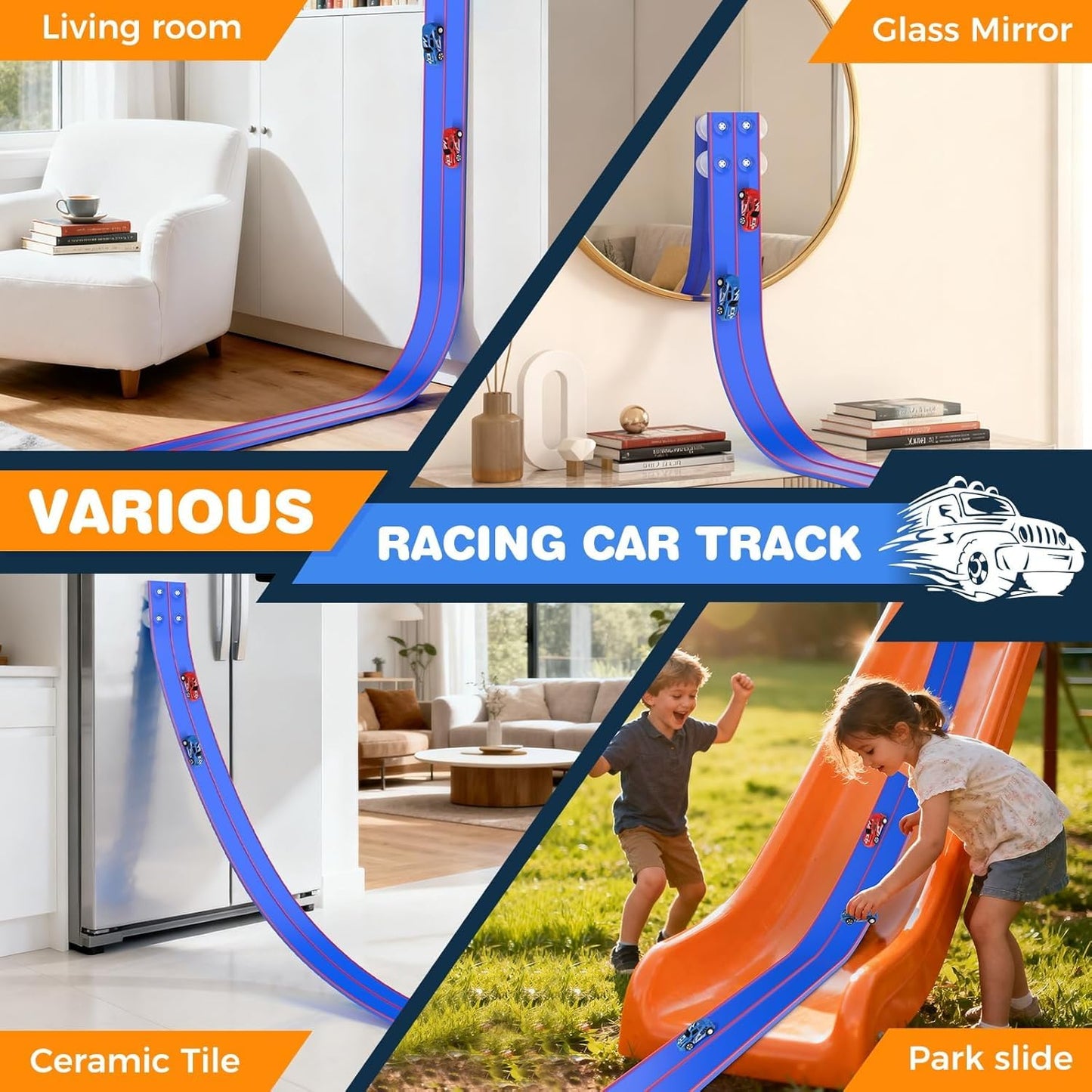 DKOXT 15 Ft Flexible Race Track for Kids, DIY Car Track Set with 2 Toy Cars & 3 Suction Cup Ramps, Easter Basket Stuffers for Teens & Boys Girls, Creative Easter Gifts for Kids, Blue & Red