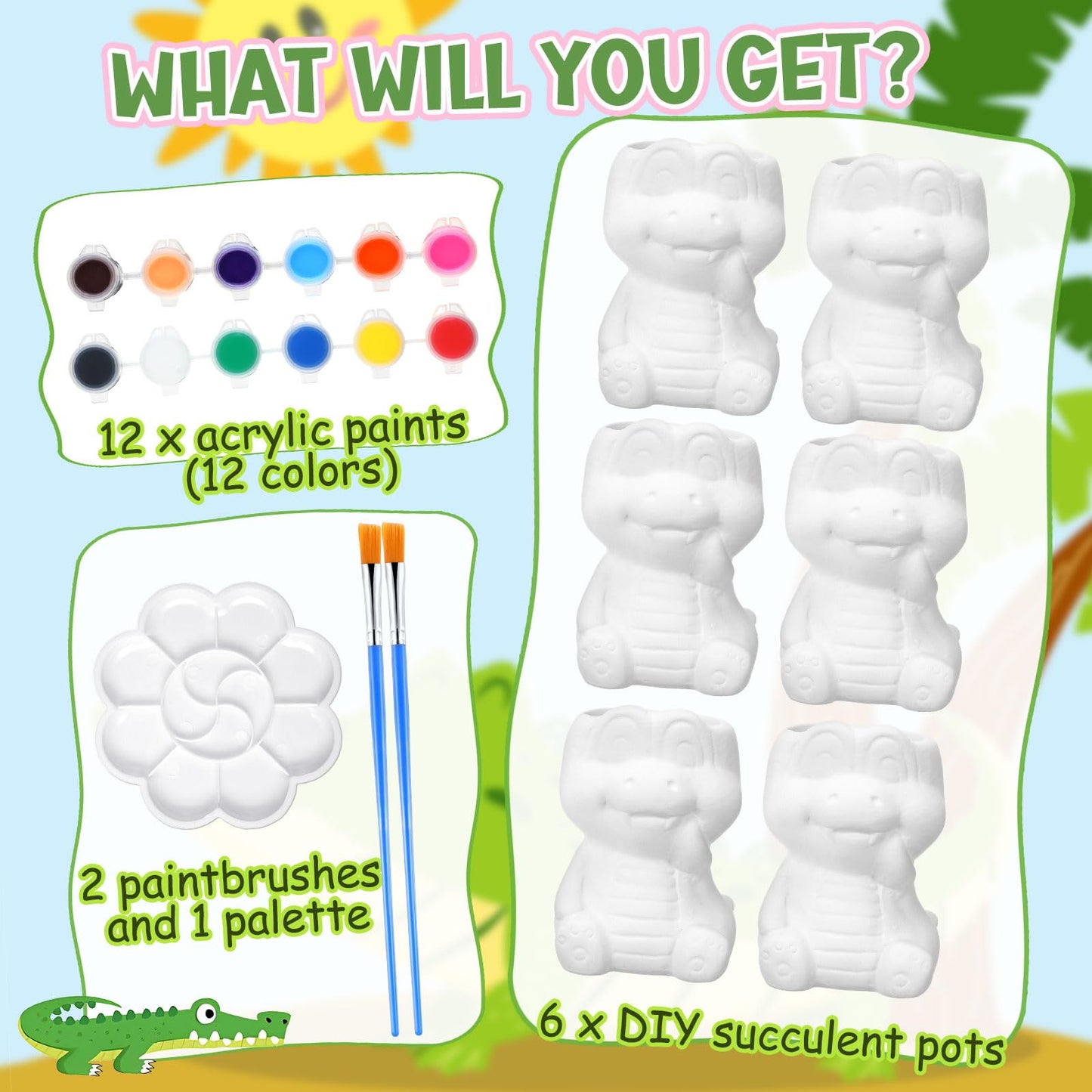 Pasimy 6 Set Ceramics to Paint DIY Ceramic Succulent Planter Pots Paint Your Own Flower Pots Craft Kit Unpainted Bisque Flowerpot with Brush Palette for Family Activity Holiday Gifts (Cute Dinosaur)