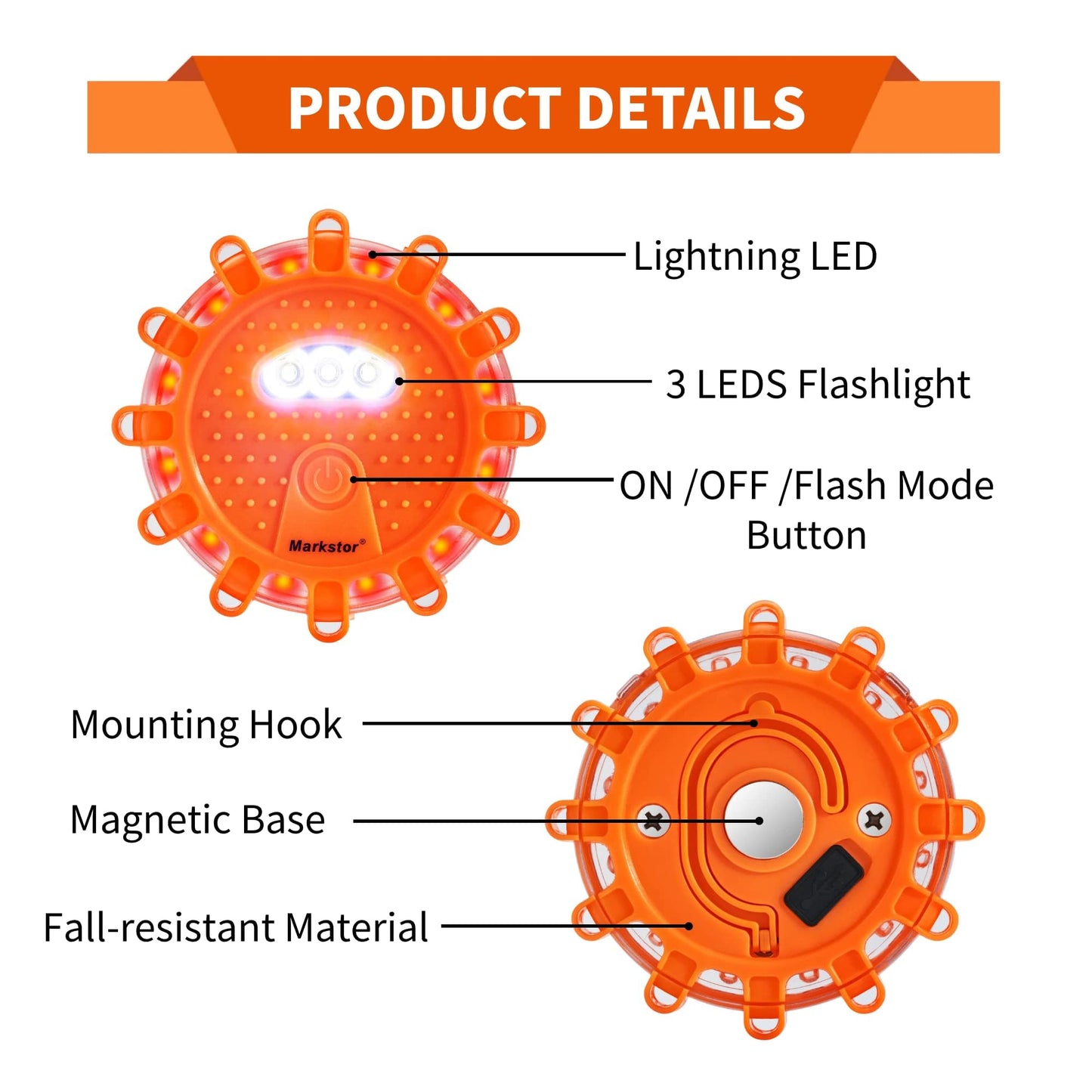 Markstor Led Road Flares 4 Pack LED Flares Emergency Kit, USB Recharge Amber LED Flares Warning Light with Magnetic, Roadside Safety Disc Flares Kit with Breaker,Whistle for Vehicle (4 Pack Parts)