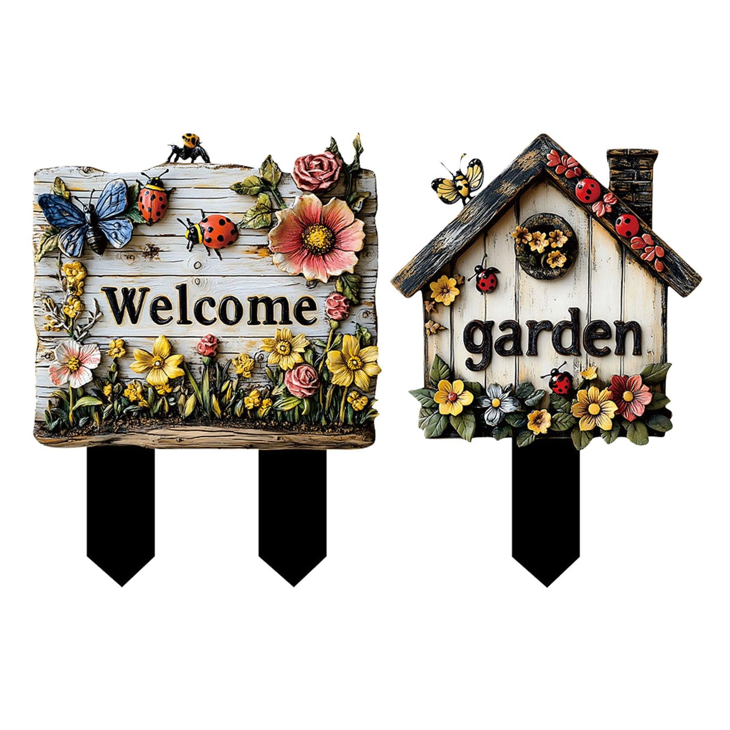 2 Pcs Flowers Garden Sign With Stake, 2D Flat Wooden Floral Ladybug Butterfly Welcome Sign, Personalized Sign Stakes for Pots Flower Bed Yard Lawn