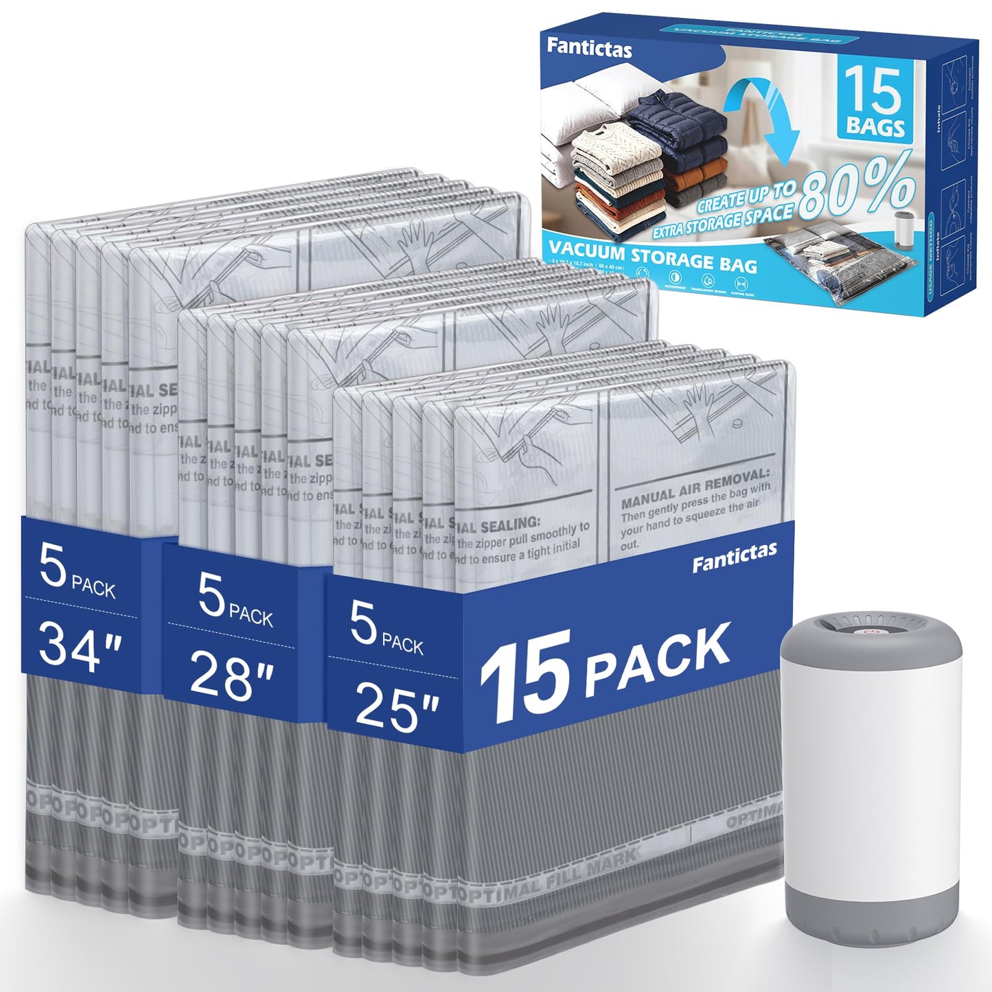 Fantictas Travel Vacuum Storage Bags with Rechargeable Air Pump, 15 Pack Portable Space Saver Bags, Compression Bags for Clothing, Bedding, Seasonal Storage & Packing Bags for Moving