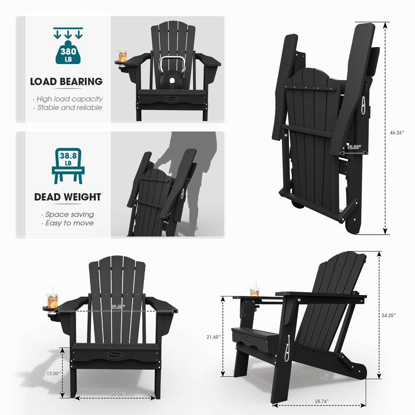 THOEOE Folding Adirondack Chair,HDPE All-Weather Outdoor Chair with Cup Holder,Wooden Textured,Fire Pit Chair,Plastic Patio Chair for Deck,Backyard,Garden,Lawn, Black