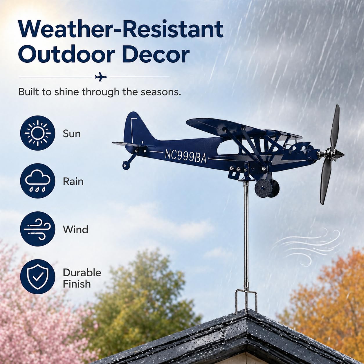 SDFRT Blue Airplane Weathervane, Kinetic Metal Wind Spinners for Yard and Garden, 3D Kinetic Wind Spinner Wind Catchers Sculpture, Airplane Weathervane Metal Wind Spinner (28 x 32 cm)