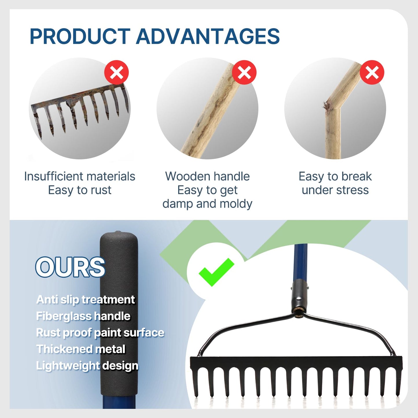 WIKER Heavy Duty Metal Rake – 57" Fiberglass Handle Garden Rake – 14-Tine Steel Rake for Soil, Gravel, Leaves – One-Piece No-Slip Design for Gardening & Landscaping