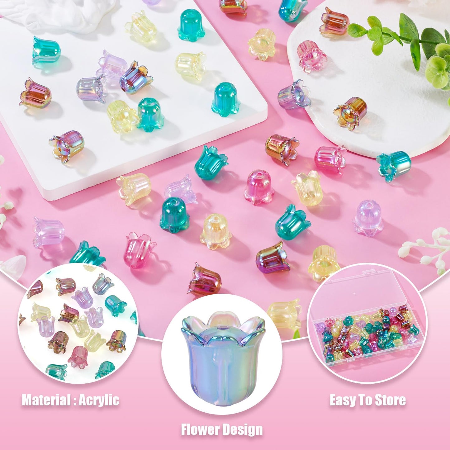 FASHEWELRY 50Pcs Acrylic Flower Beads Caps, Iridescent Colorful Transparent Lily Tulip Flower Bell Beads for DIY Tassel Earring Wind Chimes Craft Jewelry Making