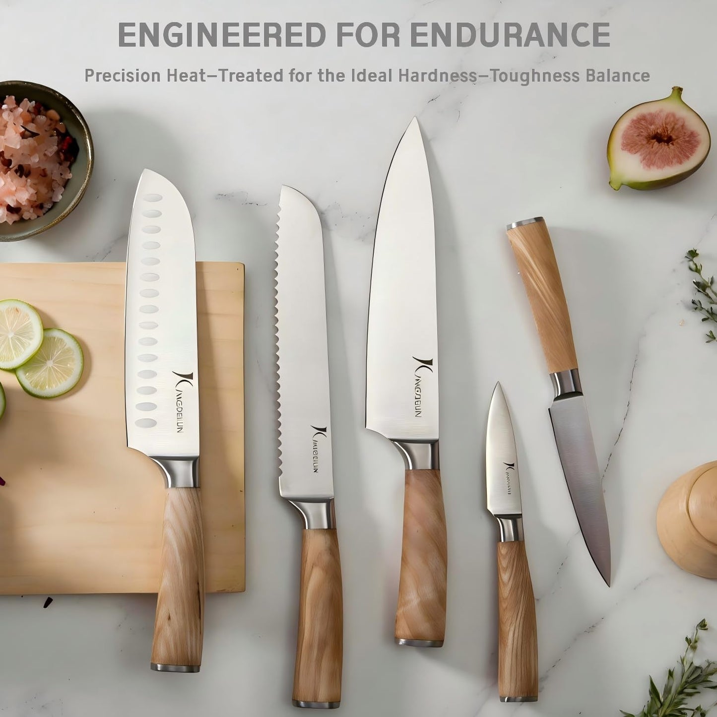 Kangdelun Ultra Sharp 15-Piece Kitchen Knife Set, High Carbon Stainless Steel Blades, Torrefied Natural Wood Handles, Ergonomic Design, Space-Saving White-Finished Wood Block, Easy Hand Wash, Gift Box