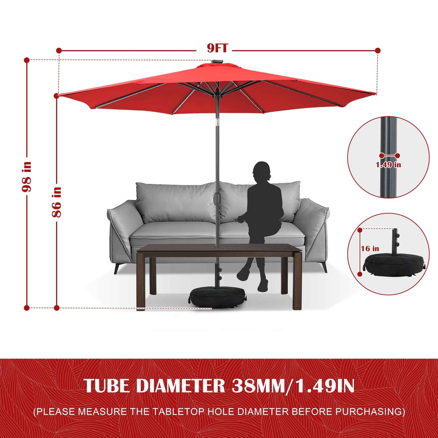 Sundale Outdoor Solar 80 LED 9 ft Patio Umbrella with Sand Bag Umbrella Base, Outdoor Umbrella with Tilt and Crank, Red