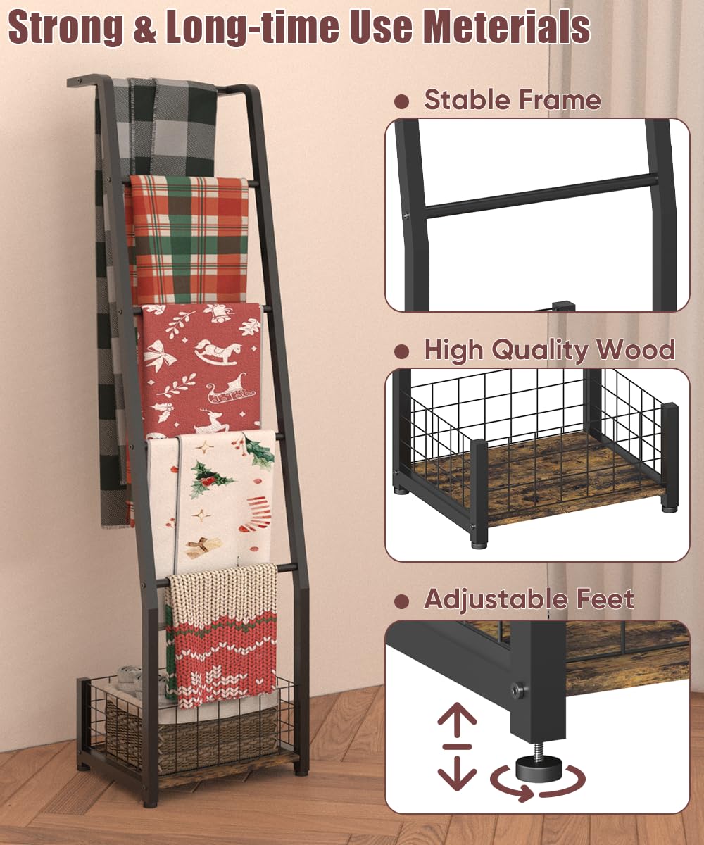Ansionsol 6.3ft Blanket Ladder with Storage Basket, 5 Tier Decorative Ladder Shelf Stand for Living Room & Bedroom, Wall-Leaning Blanket Holder Quilt Rack for Home Décor, Rustic Brown & Black
