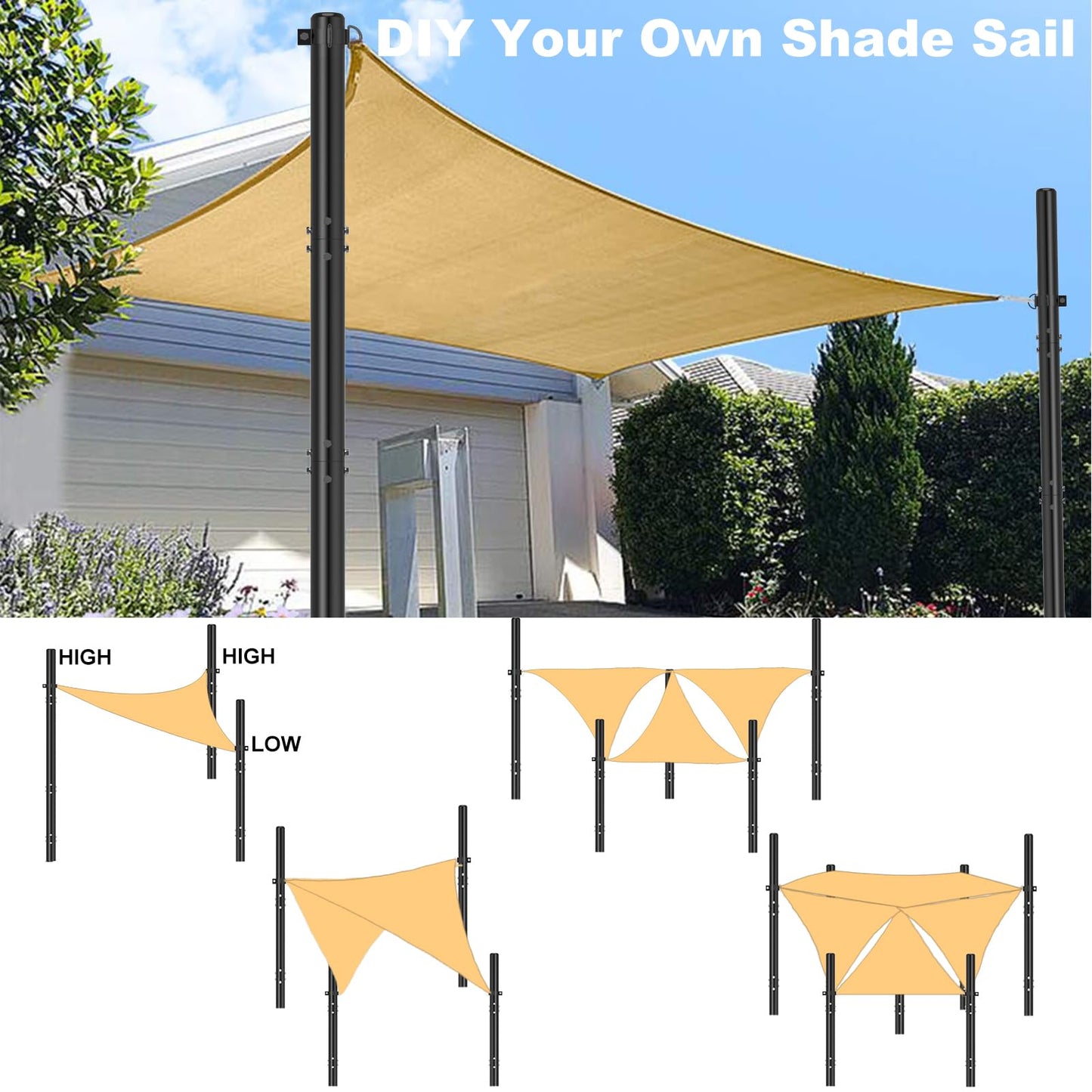 TOCRETOARE Shade Sail Poles, 2 Pack Heavy Duty Sun Poles ,Steel Shade Sail Post with D-Clamp for Outdoor String Light, Patio, Backyard 2.36in