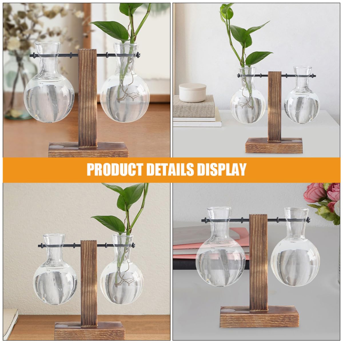 OSALADI 3Pcs Glass Hydroponic Vase with Wood Stand, High Borosilicate Glass Planter for Indoor Plant Propagation and Flower Display, Desk Terrarium Jars for Home and Office Decor