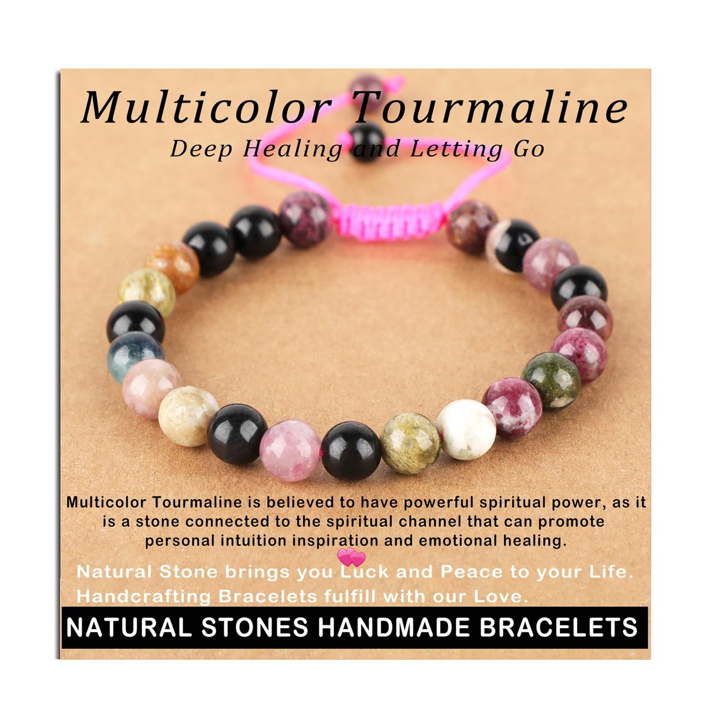 AD Beads 8mm Multicolor Tourmaline Bracelet - Deep healing - Handmade Natural Stone Crystal Bracelet with Adjustable Macrame String - Yoga Healing Power Energy Gifts for Men and Women
