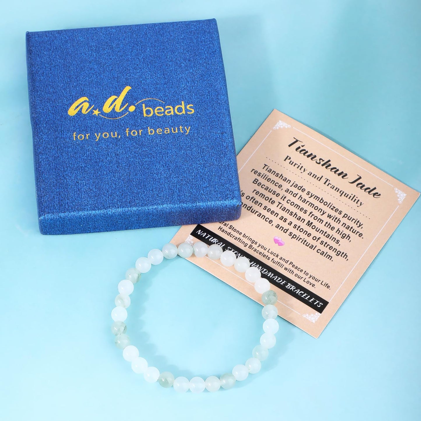 AD Beads 8mm Handmade Tianshan Jade Elastic Bracelet – Natural Gemstone for Purity and Tranquility – Meditation, Yoga, Healing and Energy Gift for Men Women