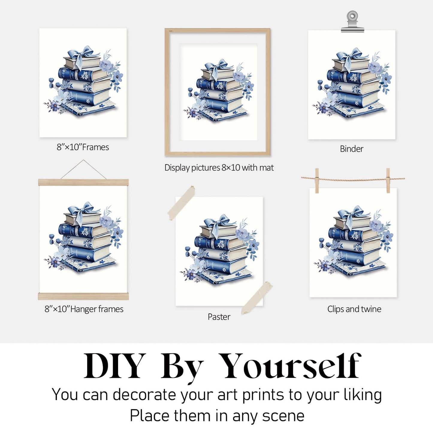 Locomiss Blue and White Floral Bow Book Chinoiserie Wall Art Decor Posters, Blue Bow Book Flower Bookish Girly Wall Art Decor For Bedroom Dorm Living Room Classroom Library, Set of 4 (8x10 Unframed)
