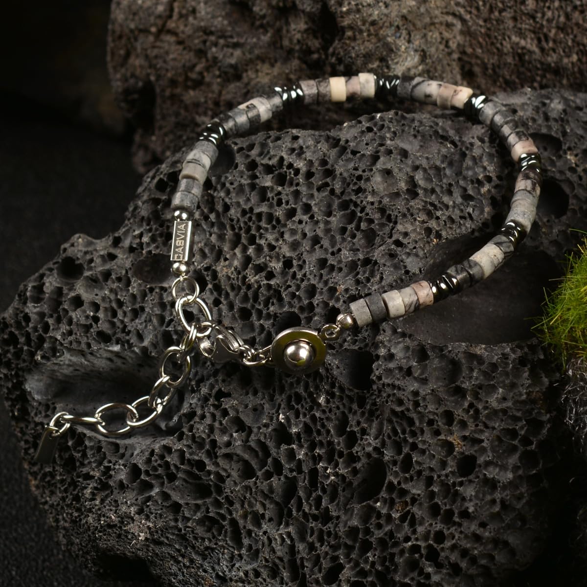 Casvia Men's Hematite & Black Grid Stone Beaded Bracelet, Adjustable Stainless Steel, Thickened Steel Wire Handmade Original Rugged Jewelry, Birthday Gift for Dad & Boyfriend