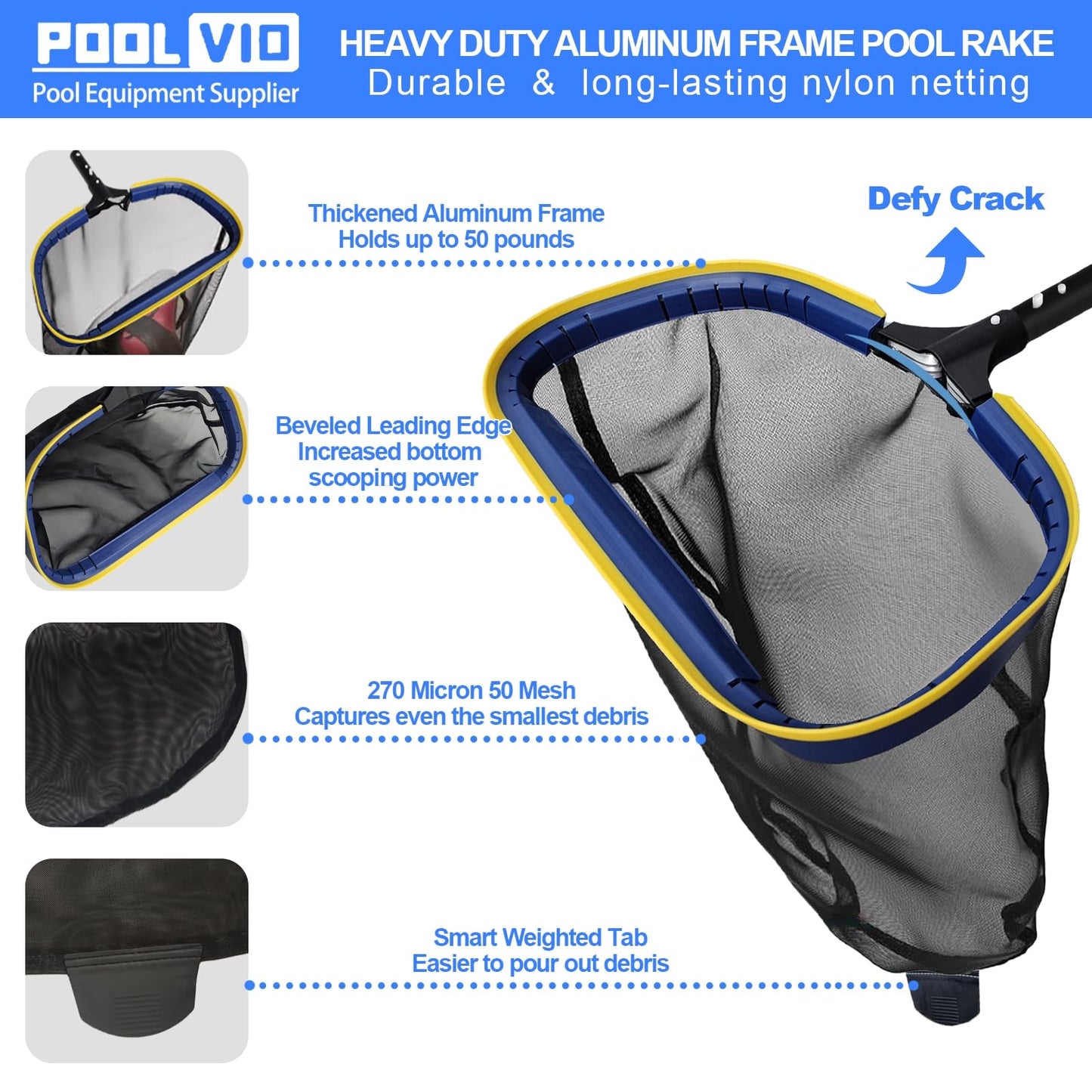 Poolvio Deluxe Swimming Pool Cleaning Kit Including Skimmer Net, 2-in-1 Pool Brush & Weighted Vacuum Head with Wheels for Above Ground & Inground Pools (No Pole)