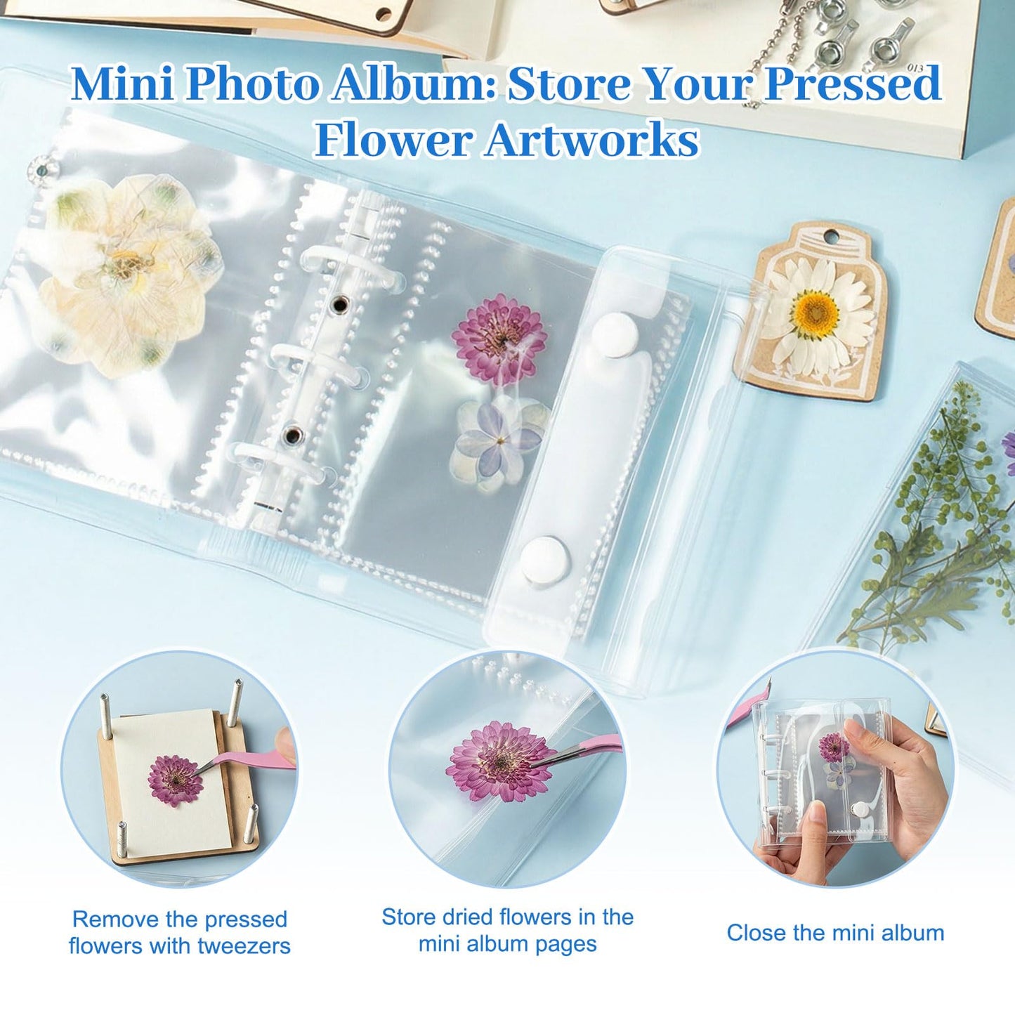 YPJXBEST Mini Flower Press Kit,2.55"x2.55" Portable Pocket Flower Press DIY Botanical Crafts Mini Plant Preservation Kit for Hiking & Nature Journaling Arts and Crafts Lovers,Plant Lover Gifts