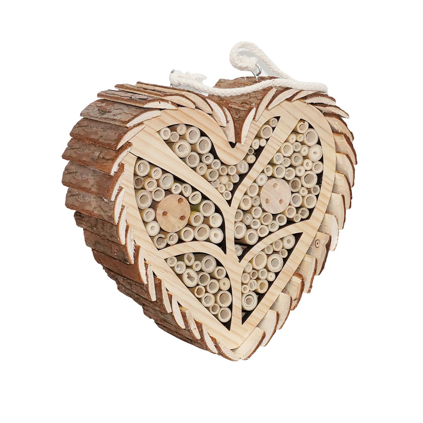 Mason Bee House, Heart-Shaped Wooden Bee House with Bamboo Tubes, Nesting Aid for Wild Bees, Natural Hanging Habitat for Pollinators, Increases Productivity in Your Garden, Brown