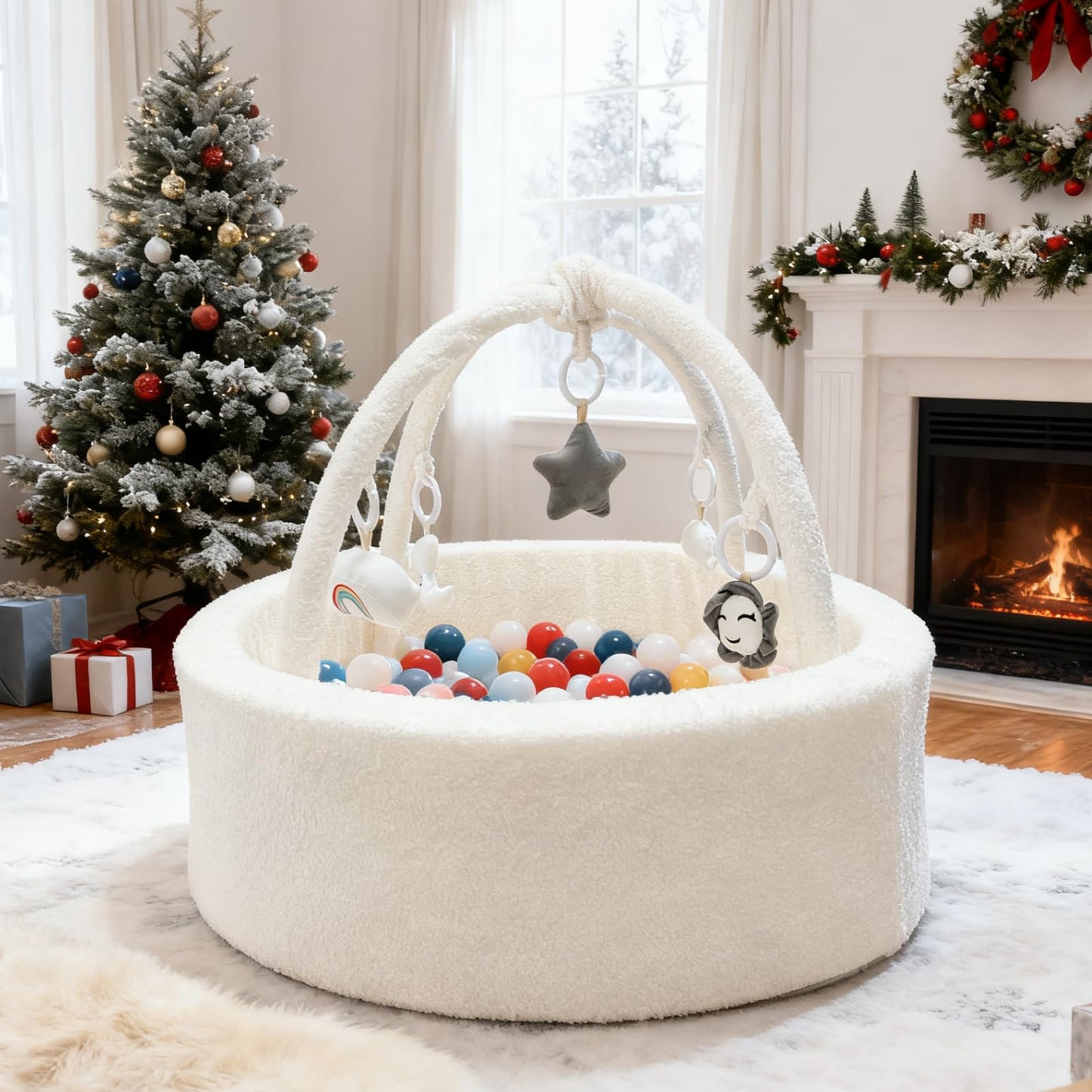 MEOGETY Baby Ball Pit with 5 Hanging Toys & Removable Play Arch for Toddlers Soft Foam Activity Center for Girls Boys Great Gift, Easy to Assemble & Clean, Teddy White