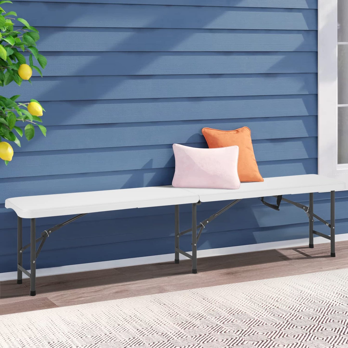 6FT Bench Chair Plastic Folding Bench Plastic Portable Outdoor Bench Garden Bench with Carrying Handle and Lock for Camping Picnic Party Dining 2 Pack White