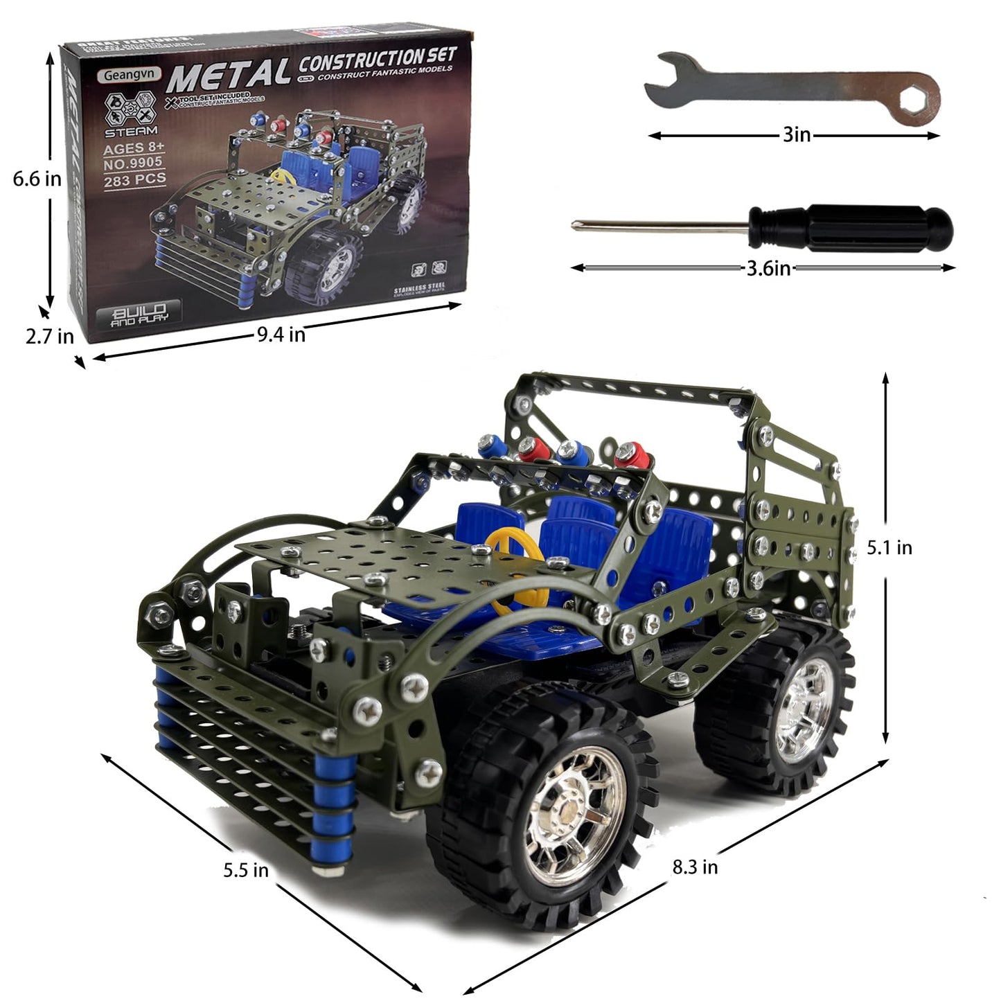 Metal Model Car Kits - 283 Pcs Erector Sets for Boys Age 8-12, Building Toys, STEM Kits for Kids Age 8-10, Assembly Jeep Project Army Toys for Ages 14 and Up, Gifts for 15 16 Year Old Boys and Adults
