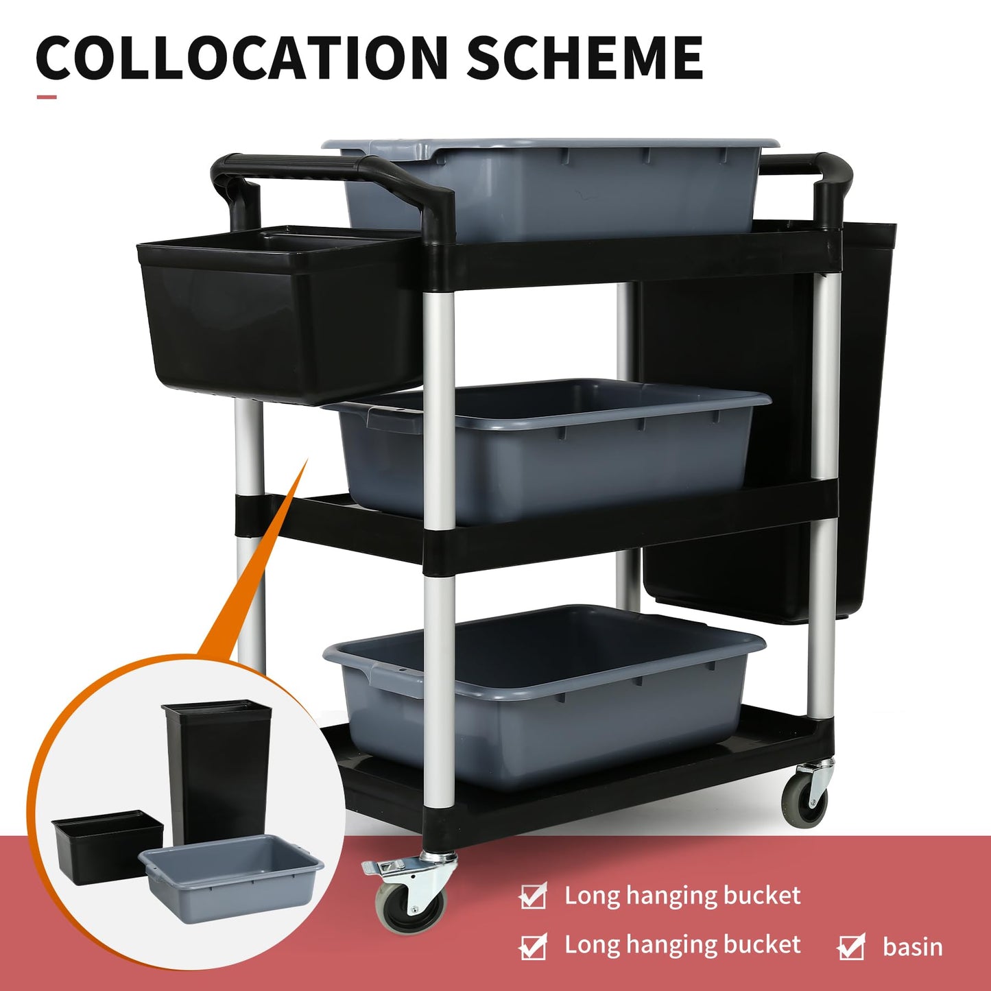 3-Tier Utility Rolling Cart with Wheels, Durable Catering carts with Wheels, Rolling Storage Cart for Hotel Canteen Resturant Office (Black, 31.4" D x 16.5" W x 37.7" H)