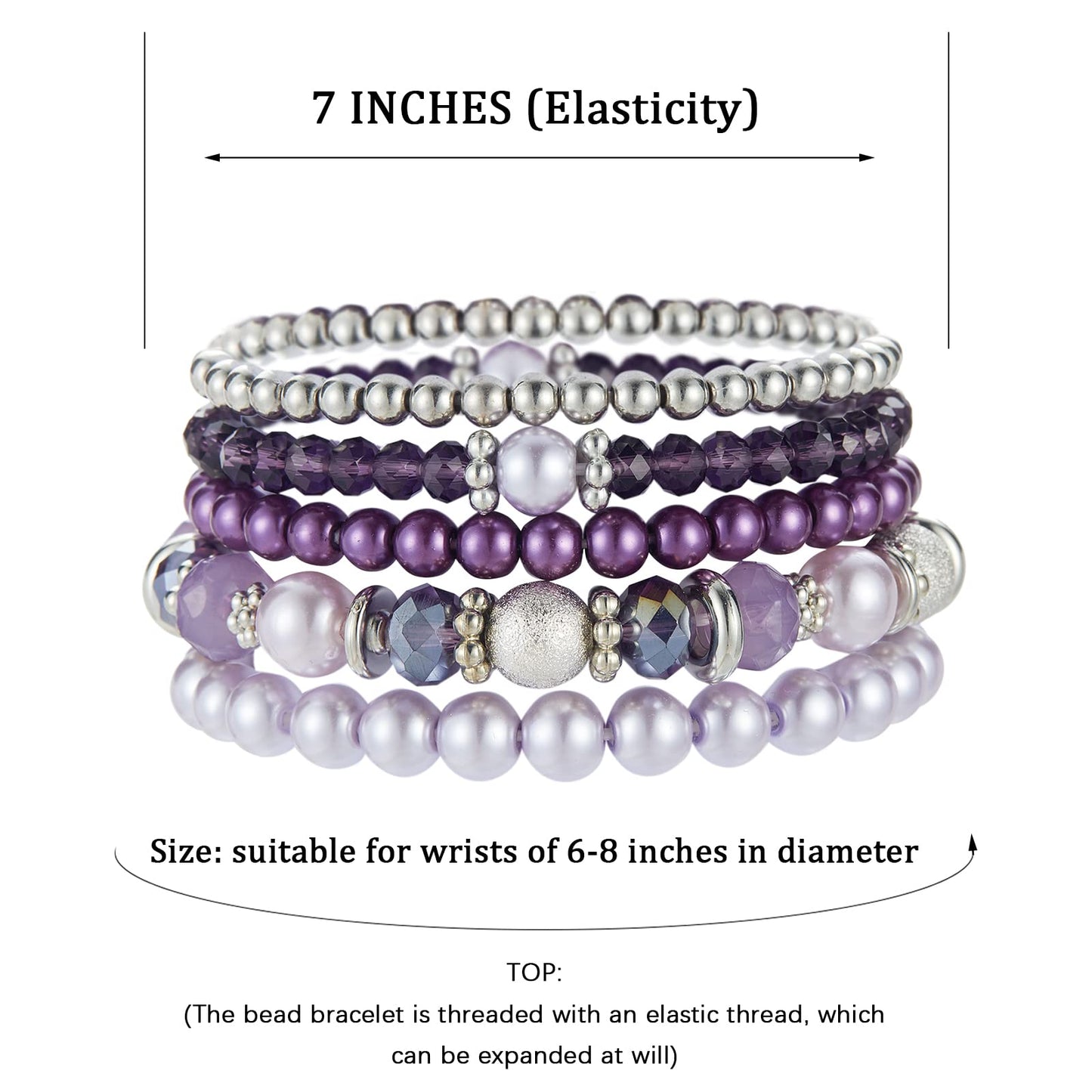 Noessla Beaded Pearl Stretch Bracelet Silver Stackable Crystal Beads Bracelets Trendy Costume Jewelry Mothers Day Gifts for Women(Purple)