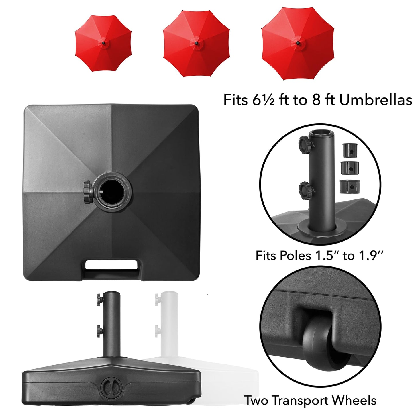 Casafield Patio Umbrella Base – Fillable to 100 lbs. Weighted Stand with Wheels for Outdoor / Lawn or Pool Deck Umbrellas up to 10 FT - Black