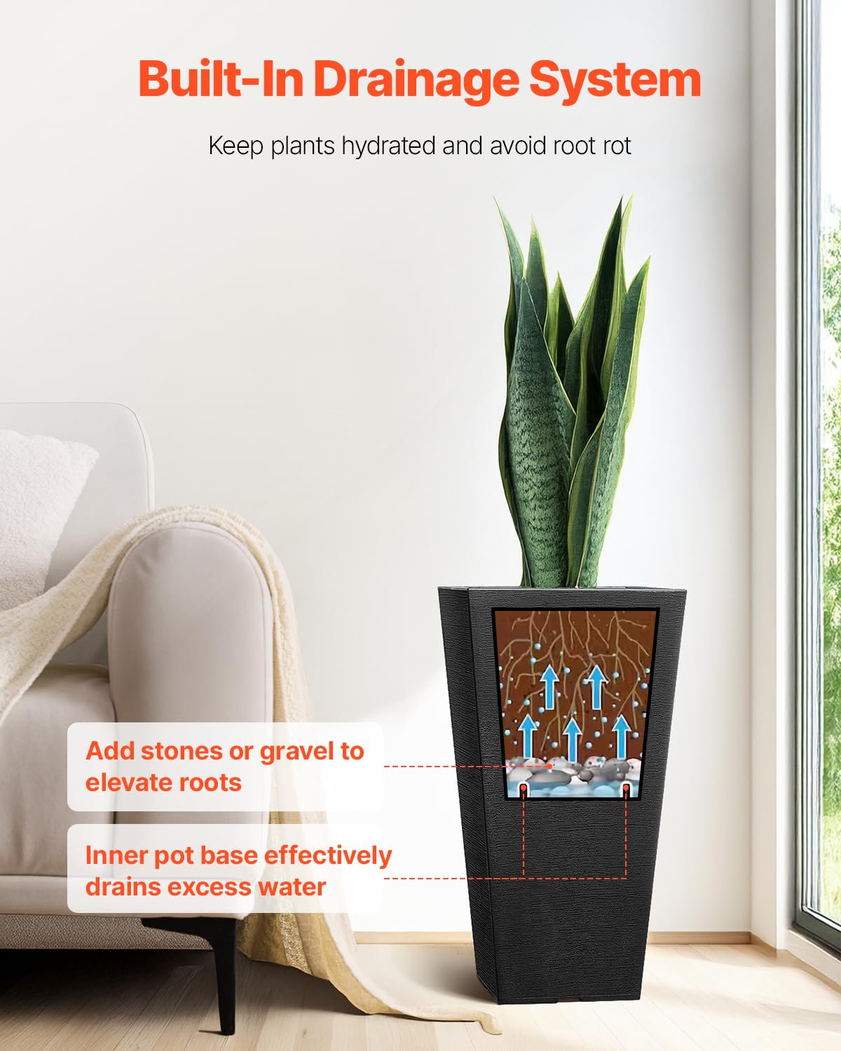 VEVOR Set of 2 Tall Outdoor Planters 22inch, Large Planters for Outdoor Indoor Plants, Black Front Porch Planter Flower Tree Plant Pots with Modern Design and Built-in Drainage