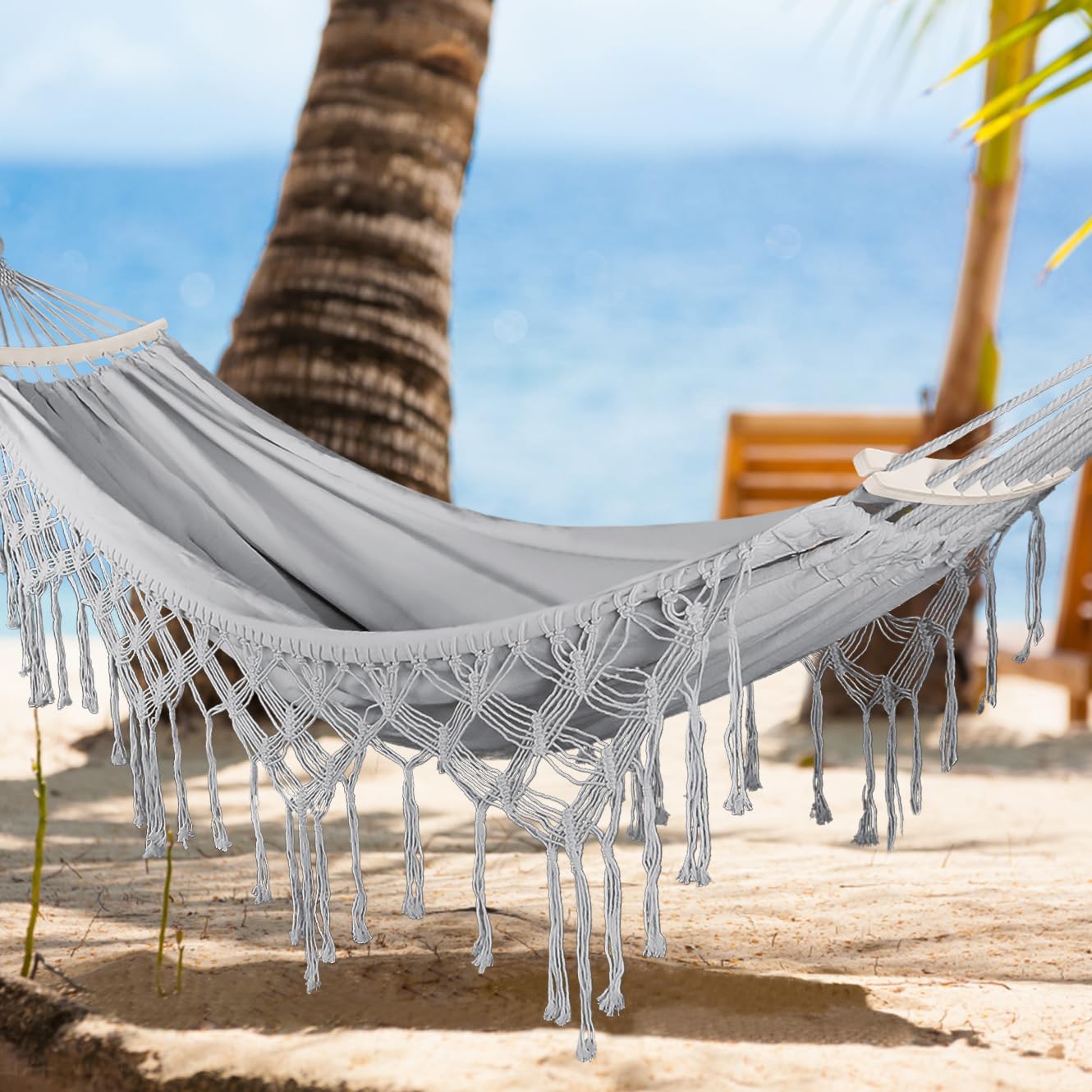 MOSFiATA Backyard Hammock with Tassels Max 500lbs Canvas Fabric Bohemian Style with Thickened Rope and Carry Bag for Outdoor, Garden, Patio, Wedding Decor (Gray)