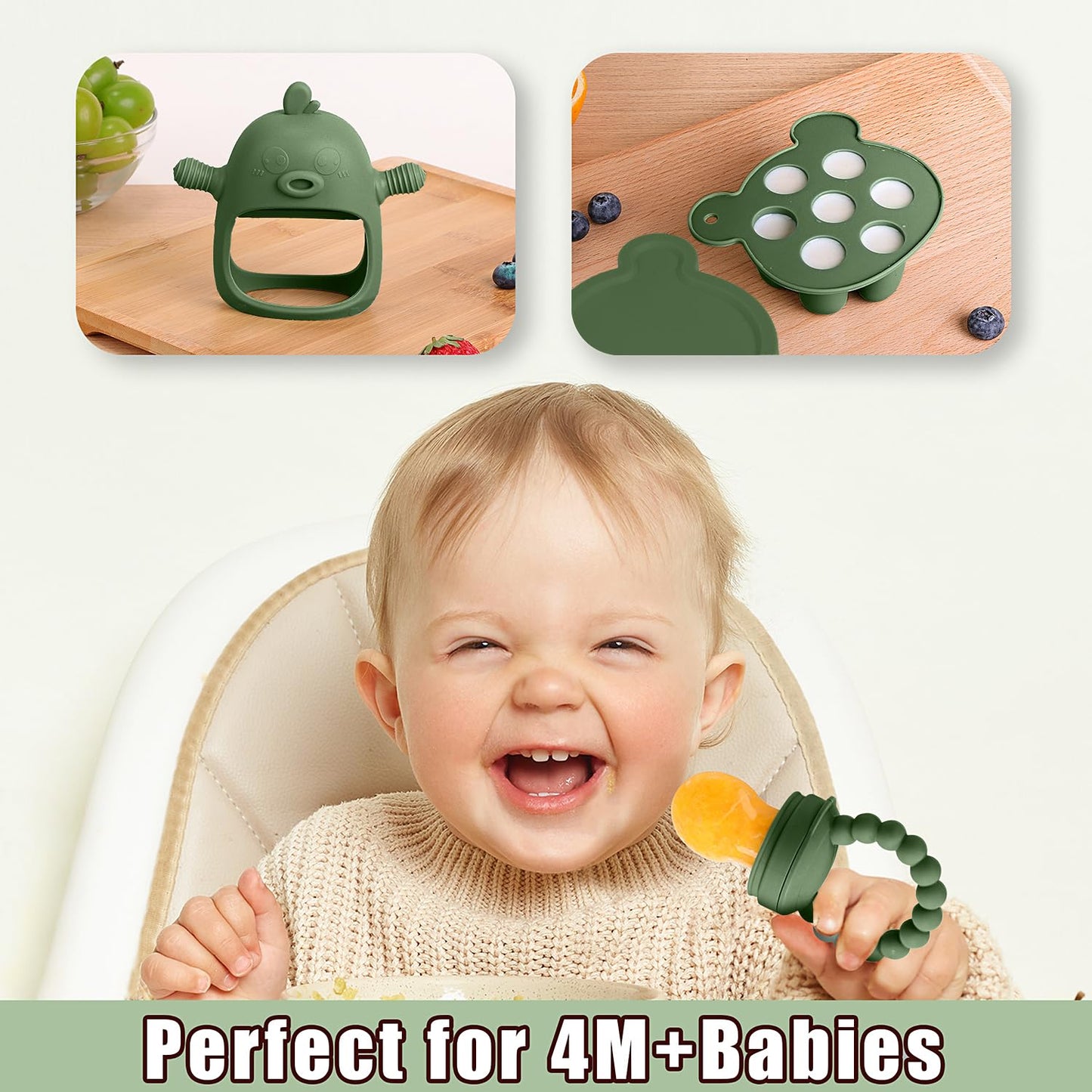 Gedebey 3-in-1 Baby Food & Fruit Feeder Set – Breastmilk Popsicle Mold with Freezer Tray, Teething Relief Toy, BPA Free Infant Silicone Feeding Combo, 3 Bonus Sizes (S/M/L) Sacs (Olive Green)