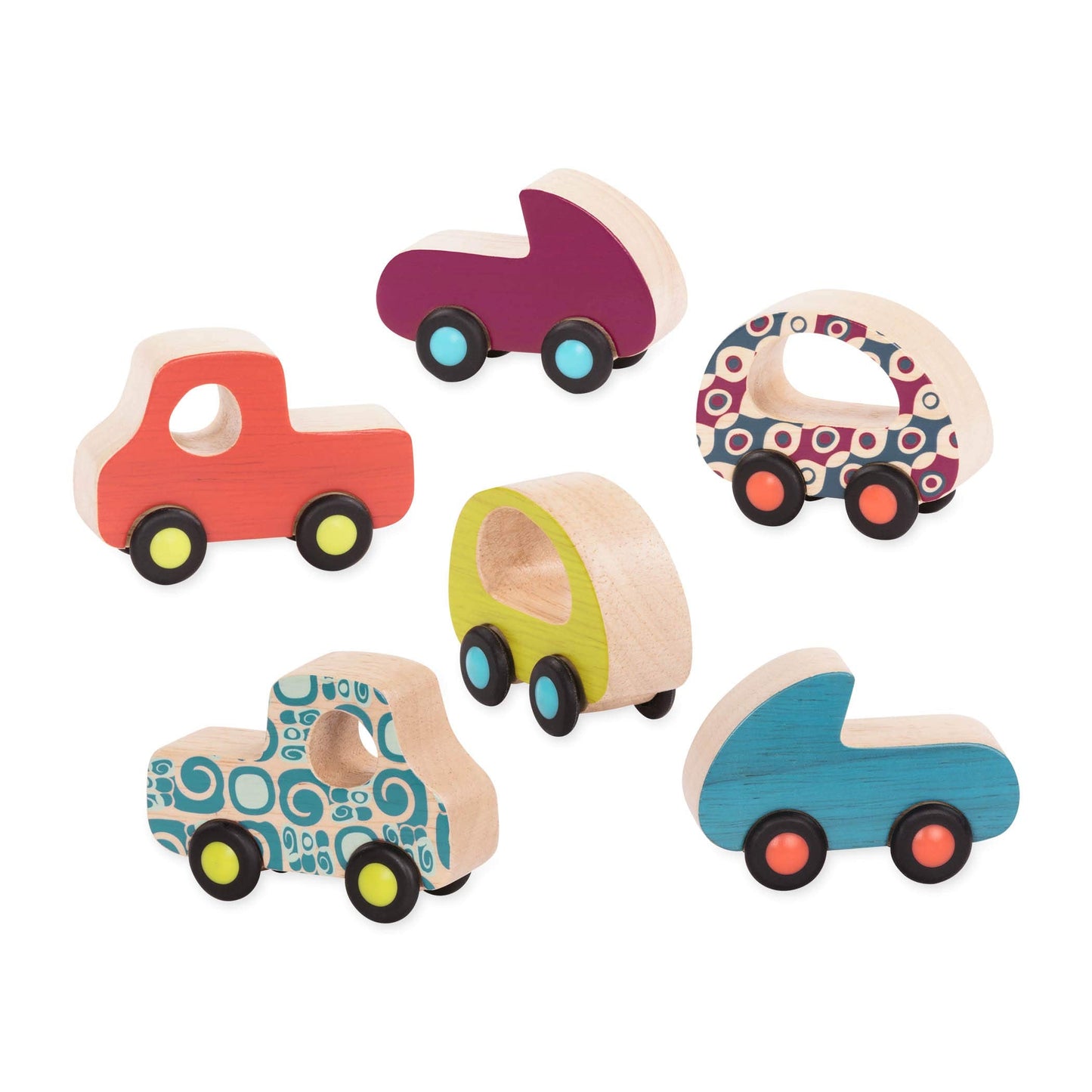 B. toys – Wooden Toy Cars Set with 6 Colorful Vehicles for Kids & Toddlers – Durable Trucks – Easy – Grip Kids Toys for Ages 1+