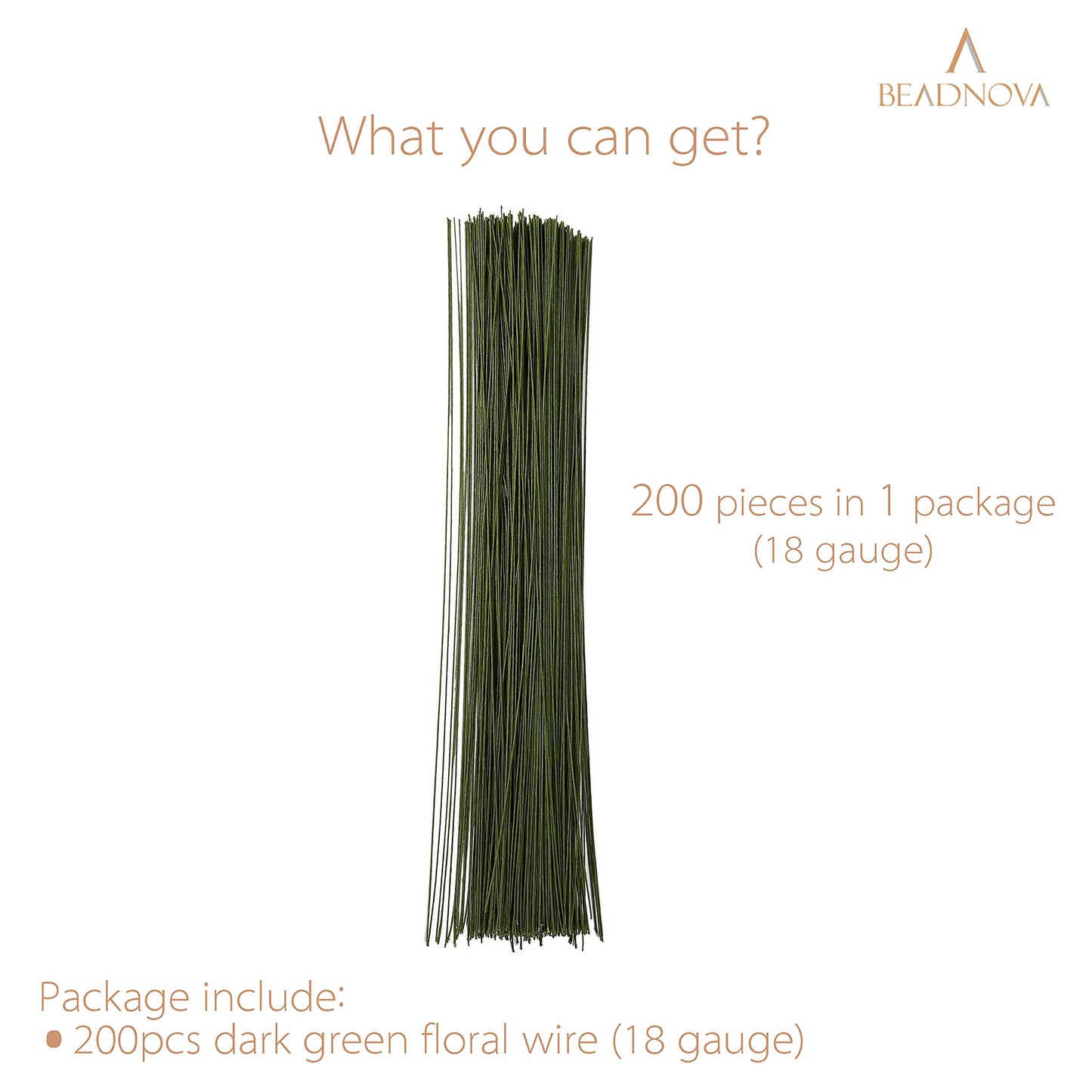 BEADNOVA Floral Stem Wire 200pcs 18 Gauge Fake Flower Stems Green Floral Wire for Flower Arrangement Florist DIY Bouquet (Dark Green, 200 Pcs)