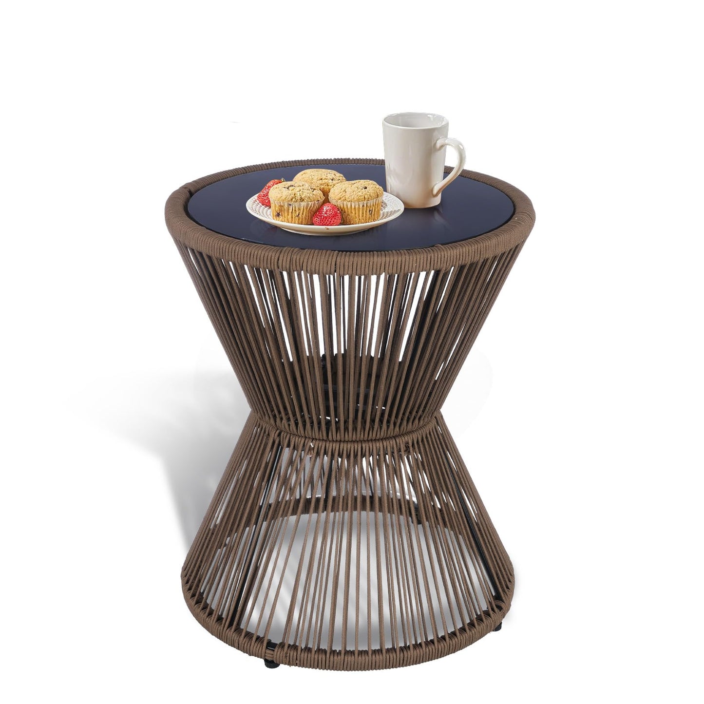 SUNNYPARK Outdoor Side Table 20'' H Small End Tables Woven Rope Weather Resistant with Glass Top Round Coffee Table for Indoor Balcony Patio Poolside (Brown)