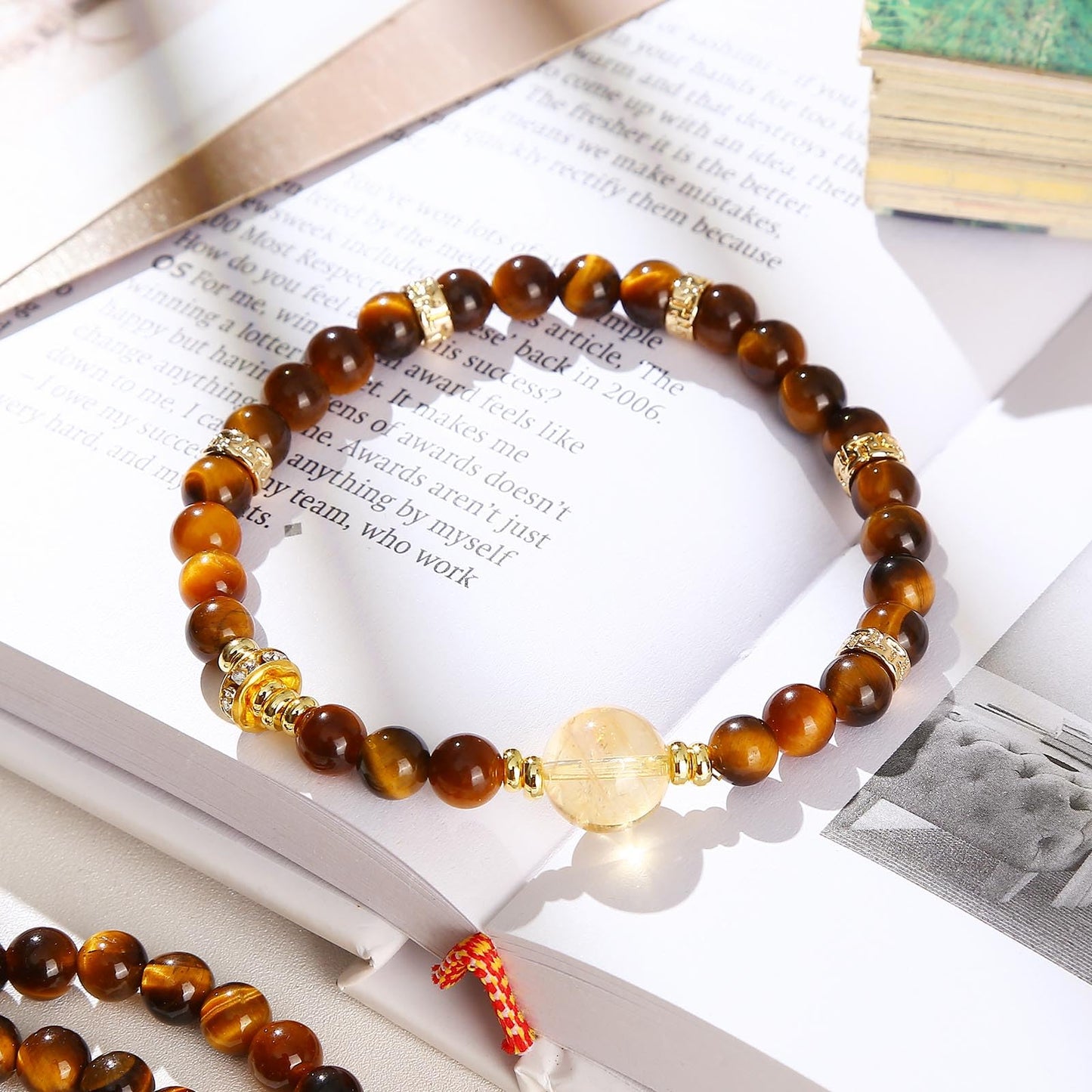 Magiriam Tiger Eye & Citrine Crystal Bead Bracelet for Women Men, Chakra Crystal Energy Bracelet with Gold Zircon Charms Protection & Confidence Lucky Amulet, Elastic Jewelry Gift for 6.3"-7.1" Wrist