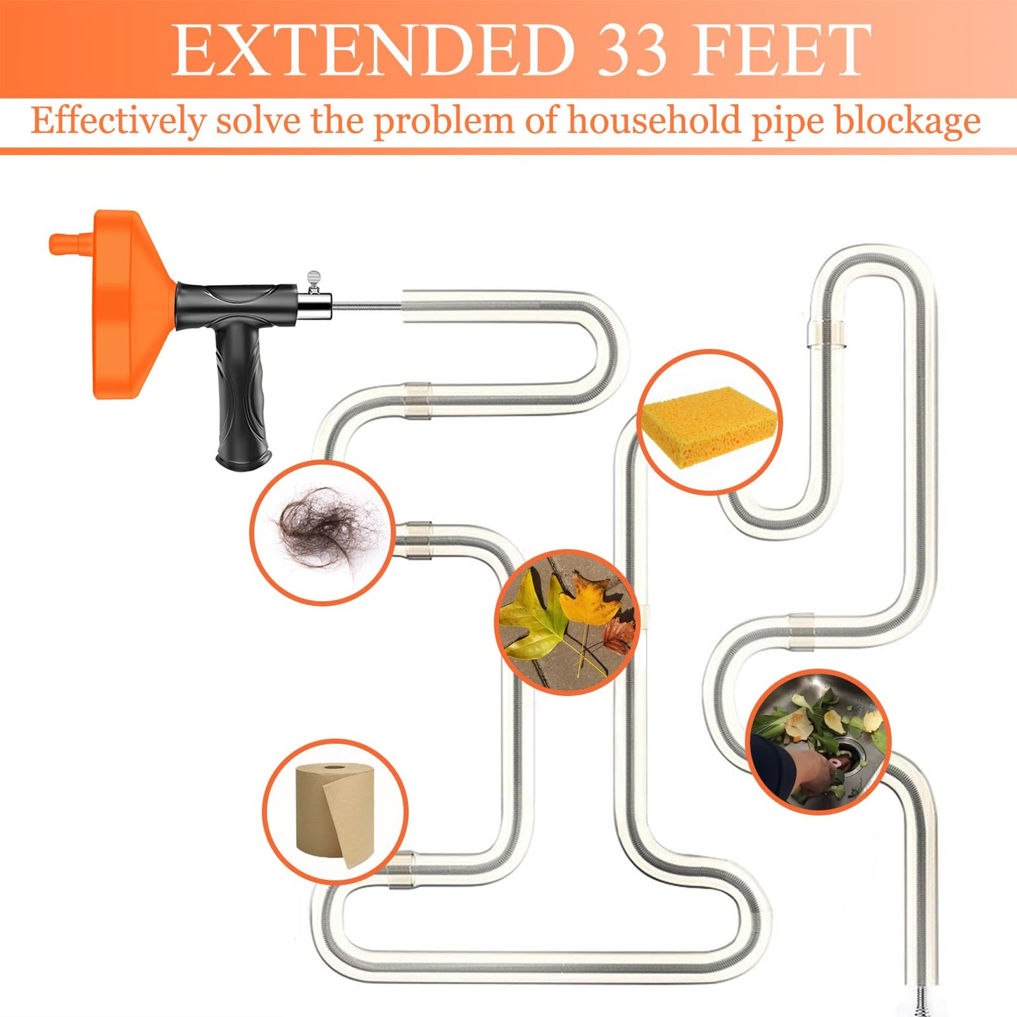 Drain Snake Auger, 33 Feet Plumbing Snake Drain Hair Clog Removal Tool, Sink Unclogger Drain, Heavy Duty Toilet Snake Auger, Cleaner Tool for Bathroom Kitchen Tub Shower Drain Clog Remover with Gloves