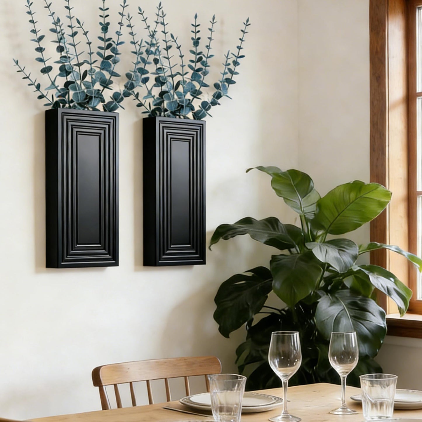 FancyPlus Wooden Wall Planter Vase, 2 Pack Black Wood Hanging Vases with Fake Eucalyptus for Indoor Modern Boho Farmhouse Wall Art Decor for Home Indoor Kitchen Modern Farmhouse Bathroom