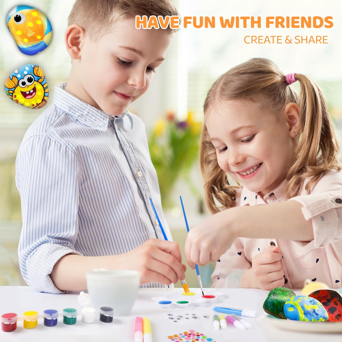 MindPal Kids Rock Painting Kit, 14 Pebbles for Painting - Glow in The Dark Rock Kit - Arts and Crafts for Kids Ages 6-12, Birthday Christmas Gift for Boys and Girls