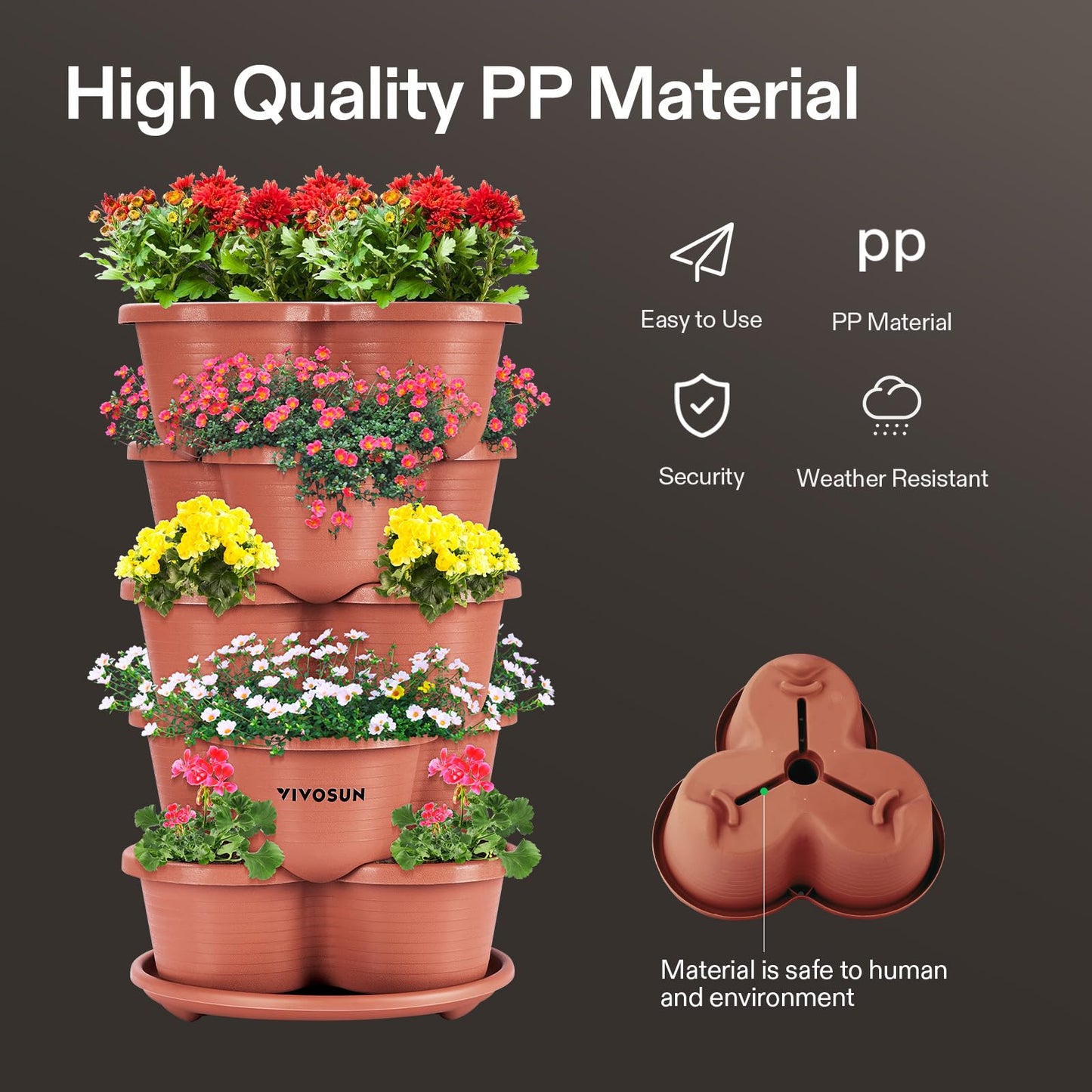 VIVOSUN 2-Pack 5 Tier Vertical Gardening Stackable Planter for Strawberries, Flowers, Herbs, Vegetables, Brown