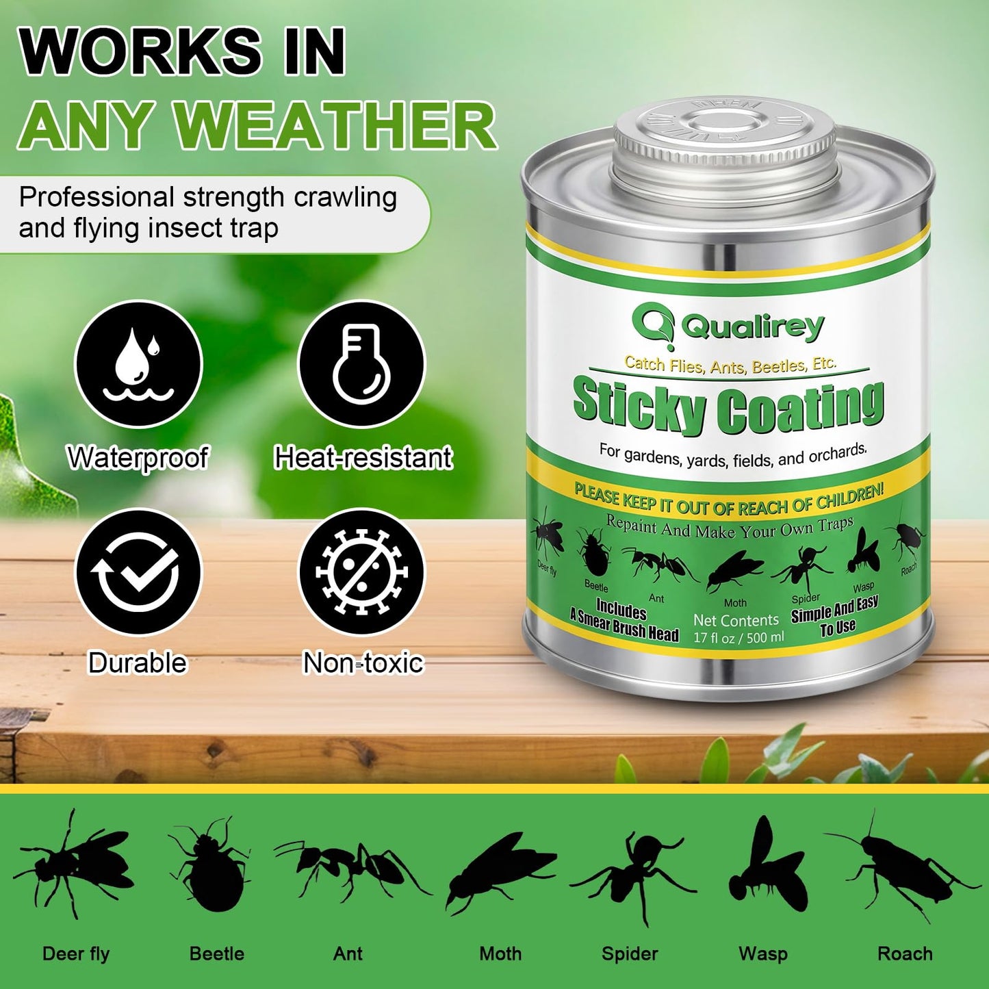 Qualirey 1 Pack Tangle Trap Sticky Coating with Brush, Insect Barrier Outdoor DIY Adhesive Traps Coating Lanternfly, Deerflies,for Gardens, Orchards and Around The Home to Protect Trees Plants (17 oz)