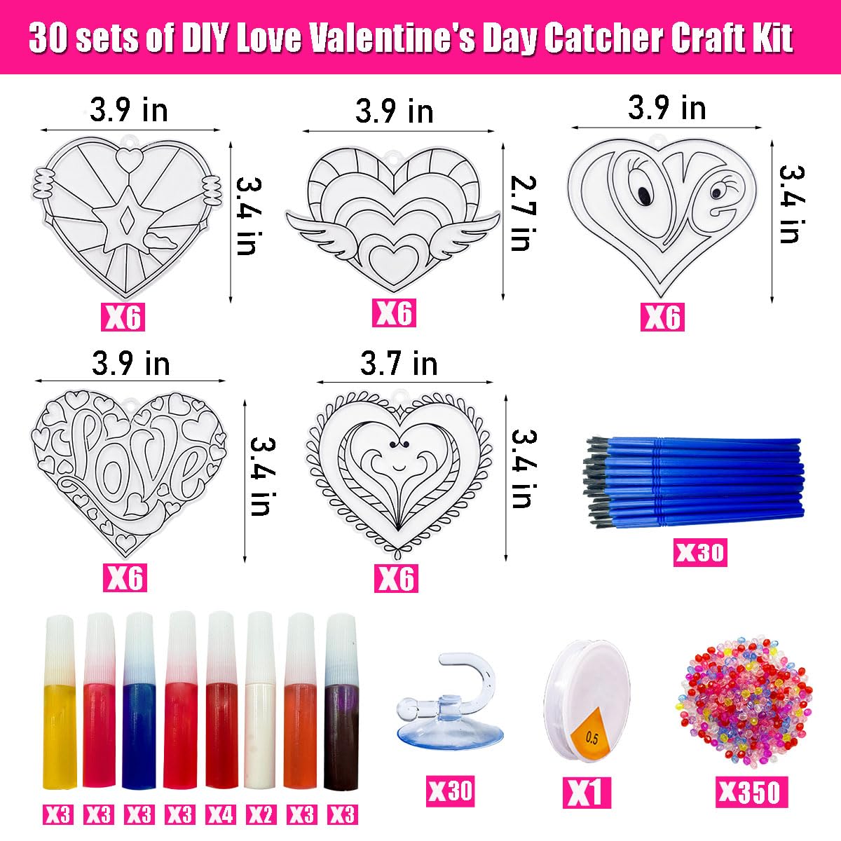 AUEKIV 30 Sets Valentine's Heart Suncatchers Craft DIY Kit Window Paint Art Suncatchers Valentine's Day Heart Sun Catcher Art Crafts Supplies for Valentine Gift Exchange Classroom Activities